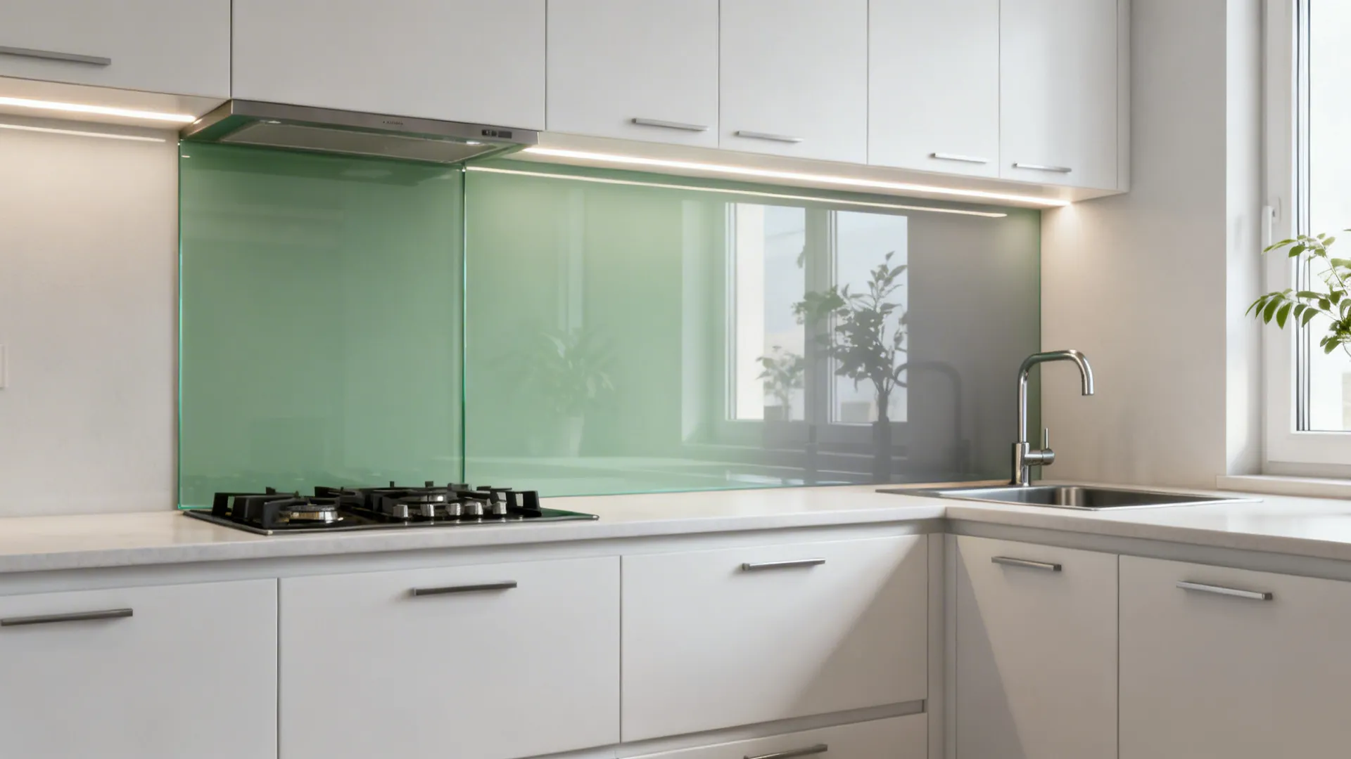 Compact kitchen with a seamless color-backed glass backsplash reflecting soft daylight.