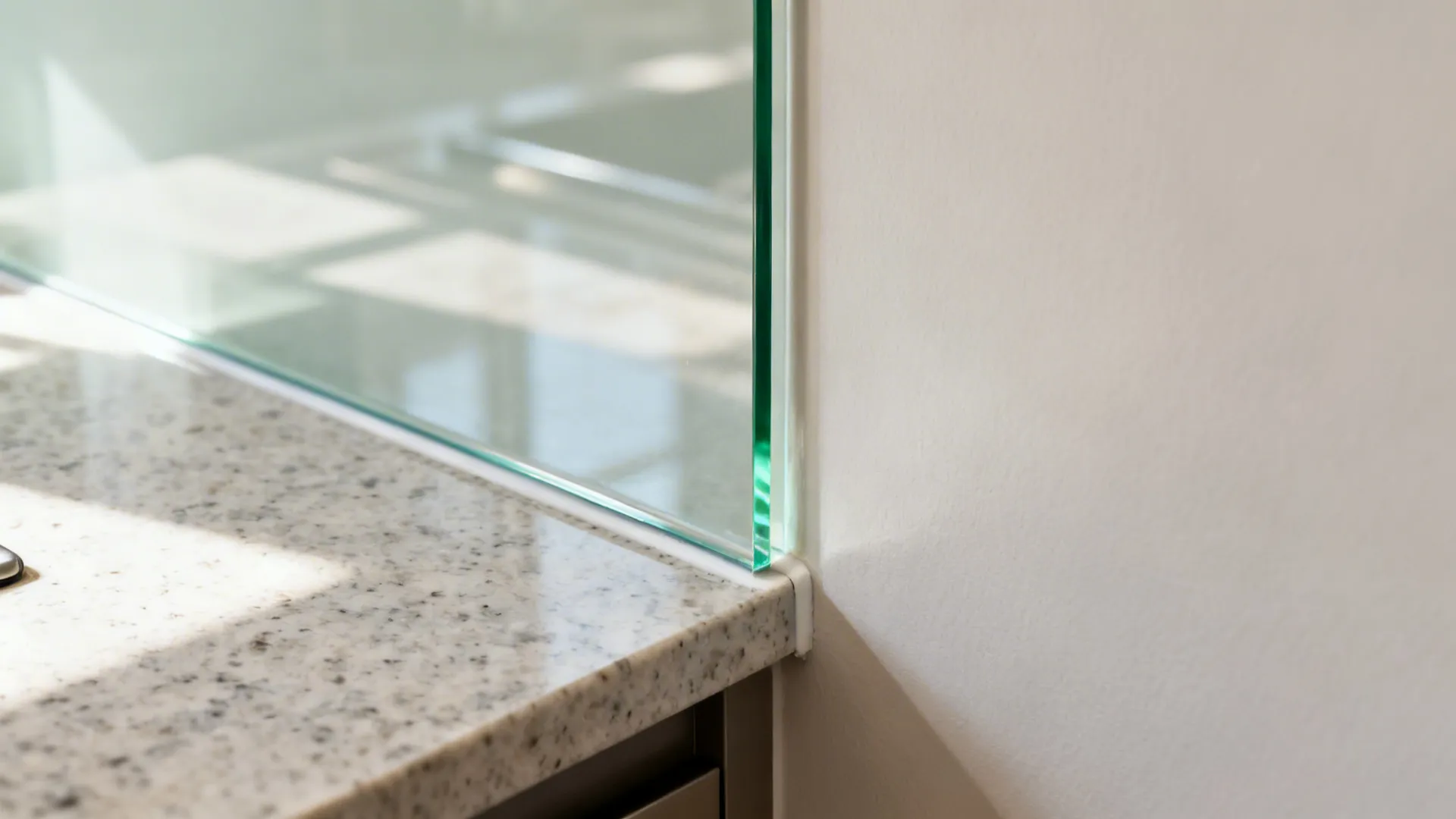 Close-up of a clear low-iron glass backsplash with soft daylight reflections over a light quartz counter.