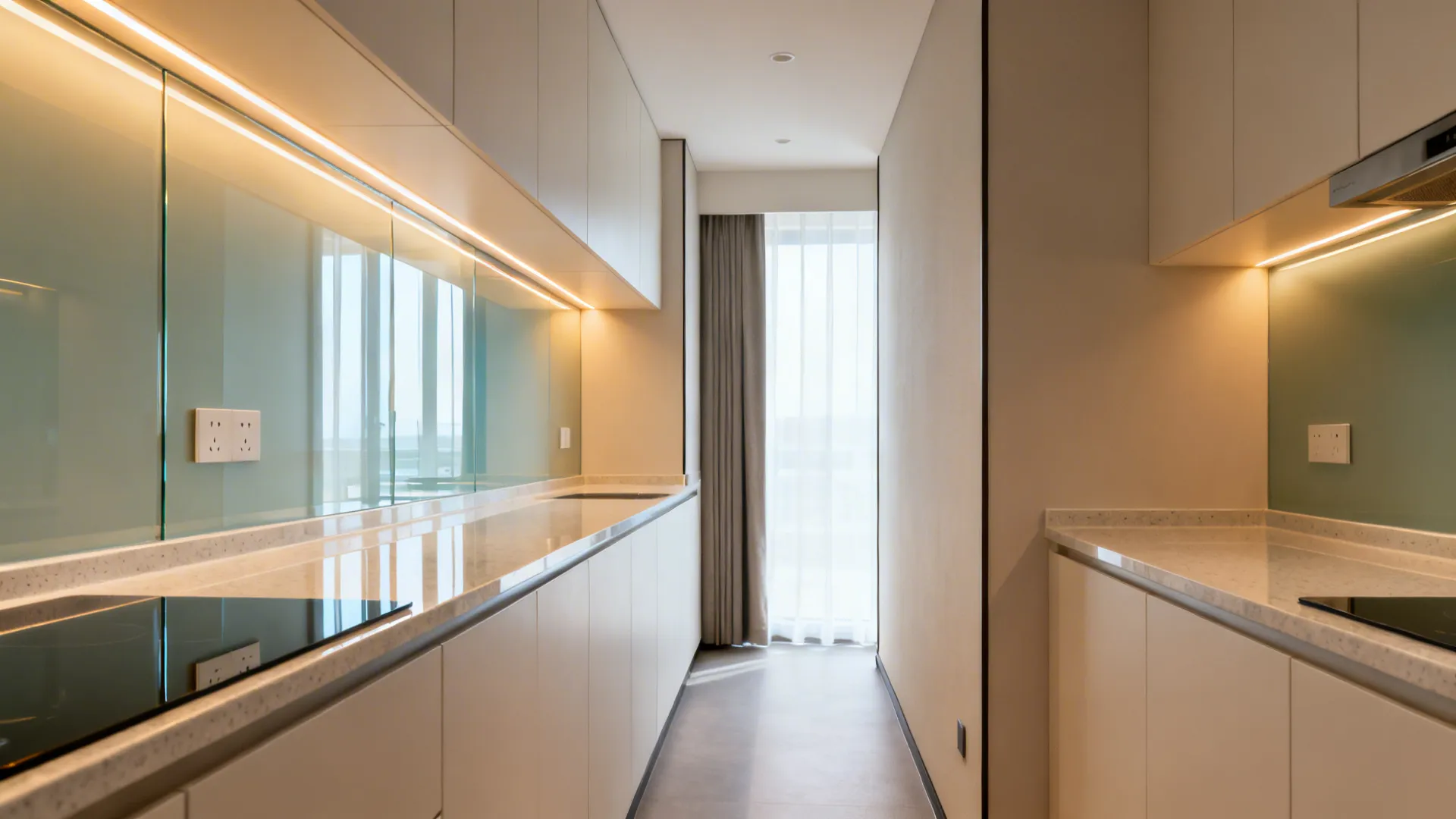 Compact galley kitchenette with a reflective back-painted glass backsplash and warm LED lighting.