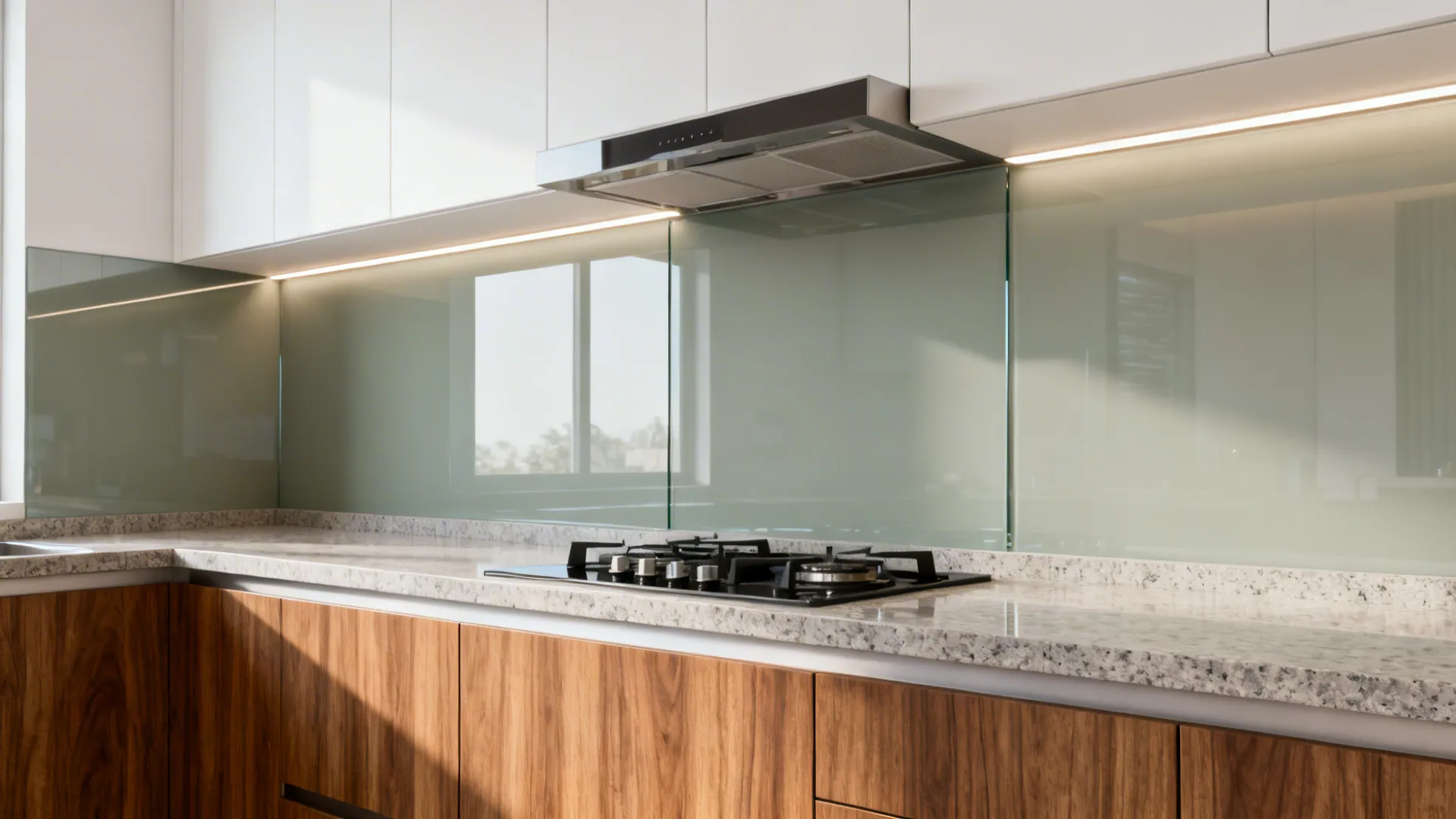 Indian kitchen with a reflective toughened glass backsplash and LED under-cabinet lighting.