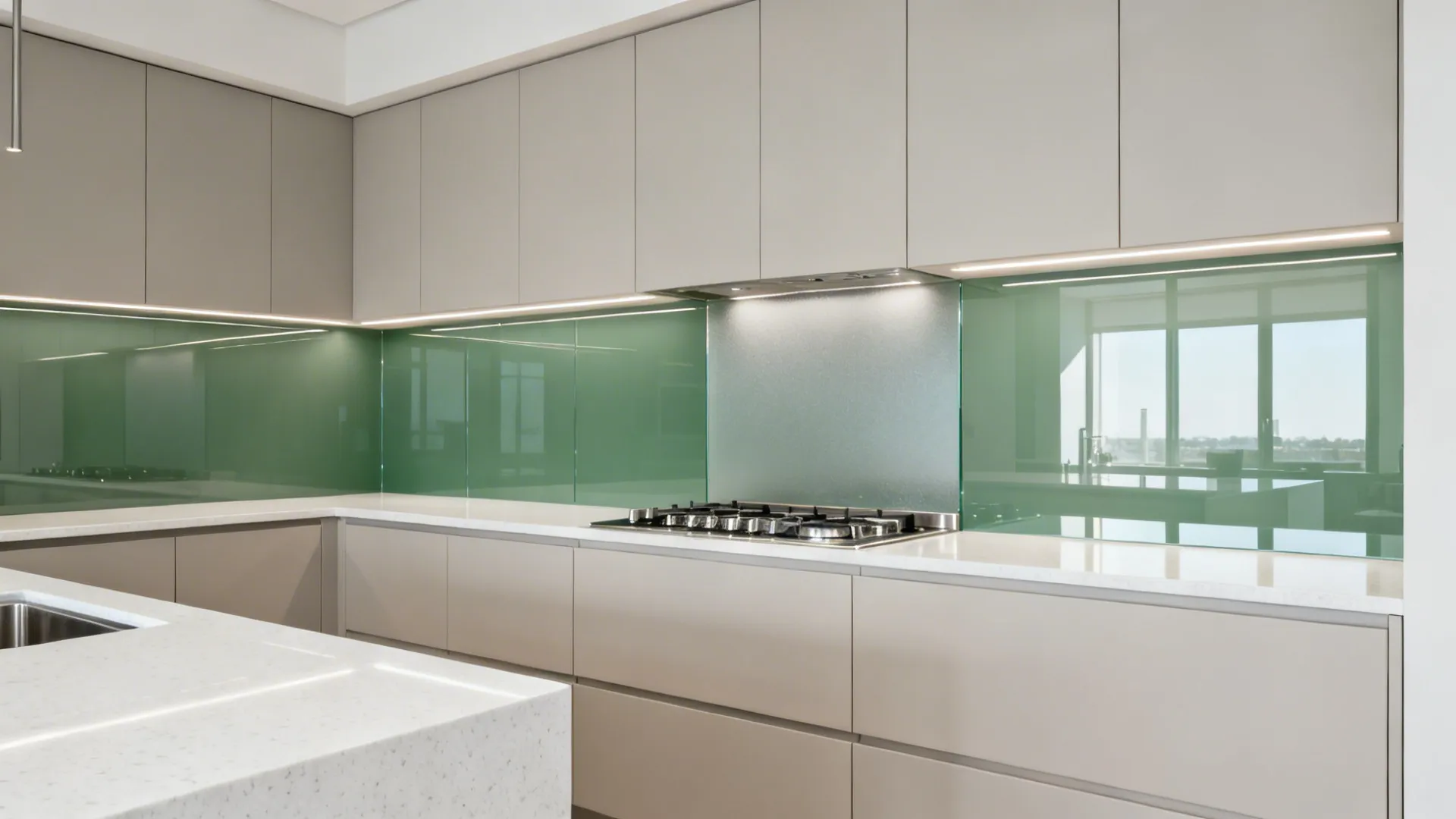 Narrow galley kitchen with gray-green glass backsplash reflecting light over white counters.