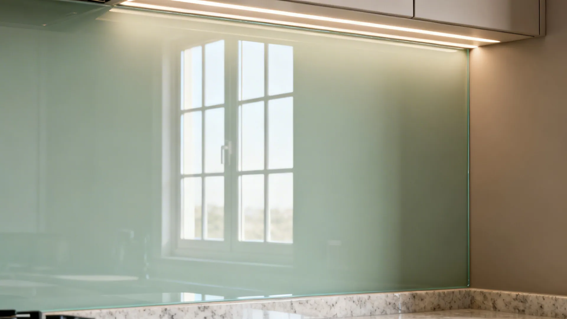 Pale sage tempered glass backsplash reflecting light from a centered kitchen window.