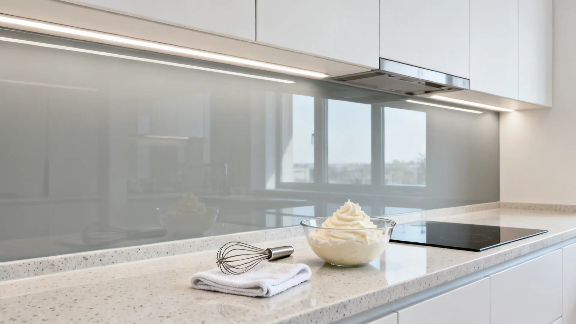 Compact kitchen with pale gray low-iron glass backsplash reflecting soft daylight.