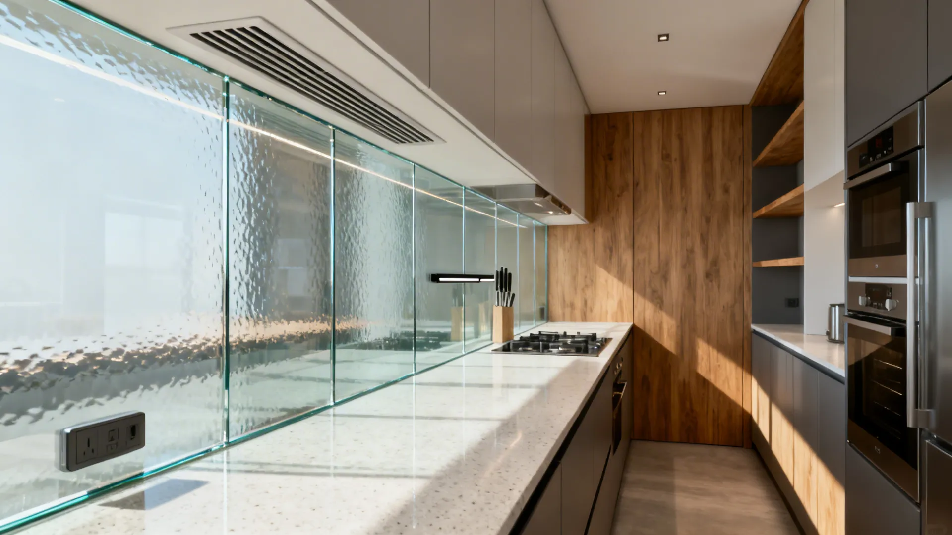 Compact galley kitchen with a continuous low-iron glass backsplash and low-profile vent.