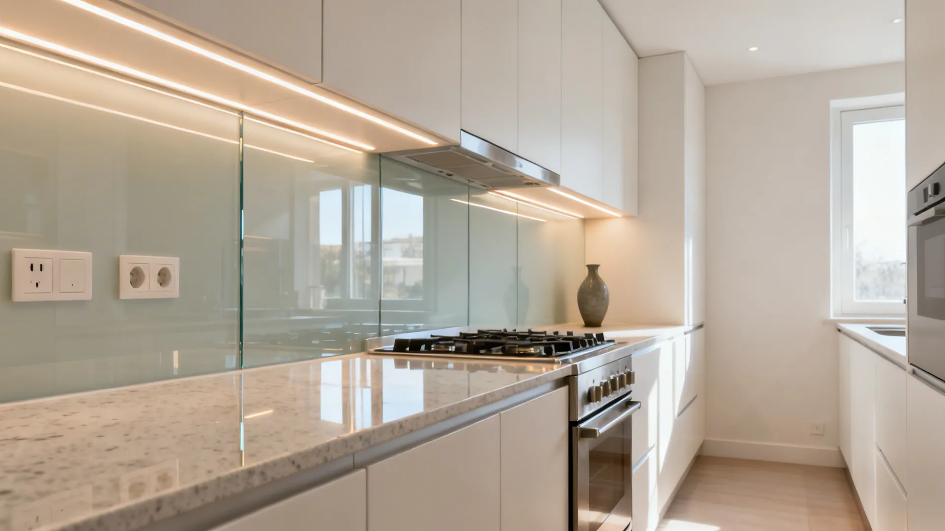 Small kitchen with low-iron back-painted glass backsplash reflecting under-cabinet LEDs.