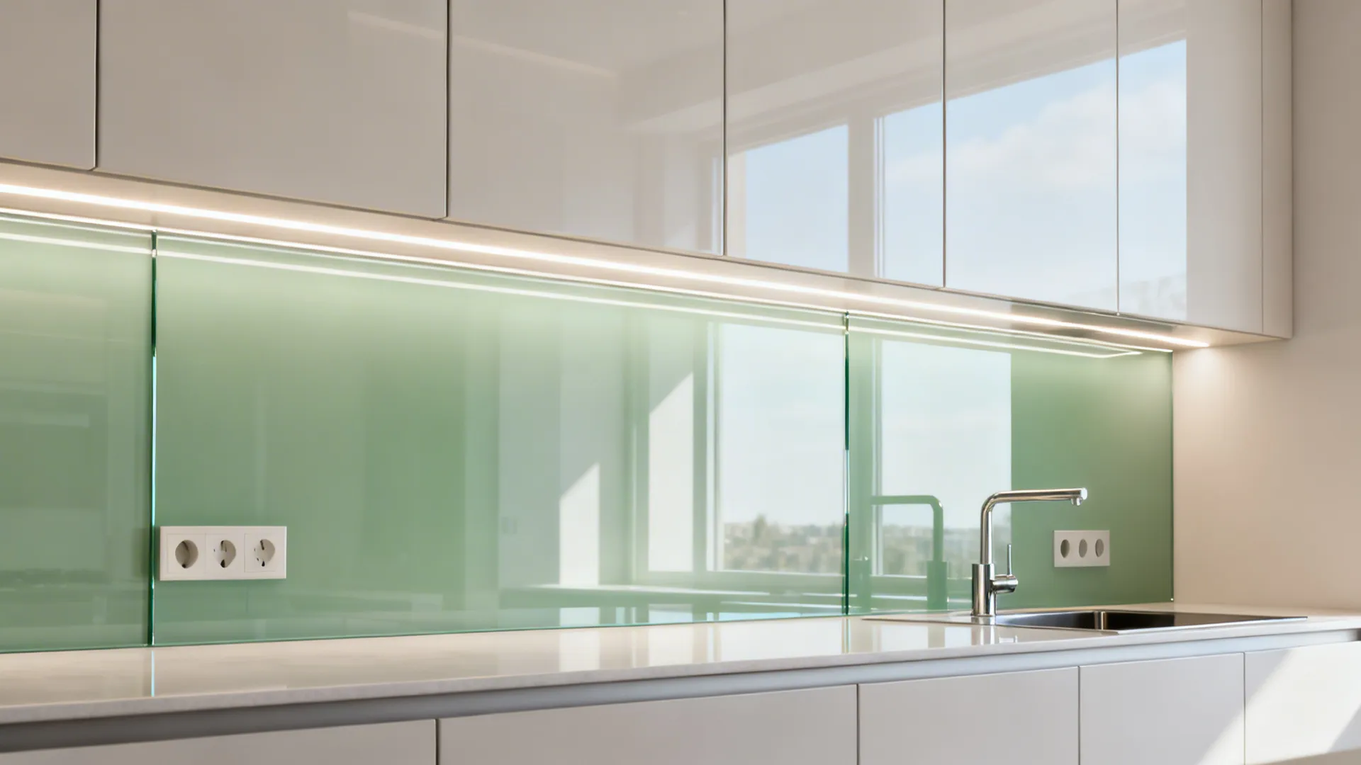Low-iron glass backsplash under pale cupboards reflecting diffused LED light.