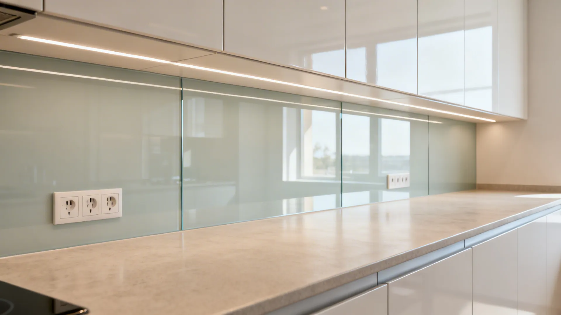 Kitchen with a back-painted glass backsplash reflecting light between counter and upper cabinets.