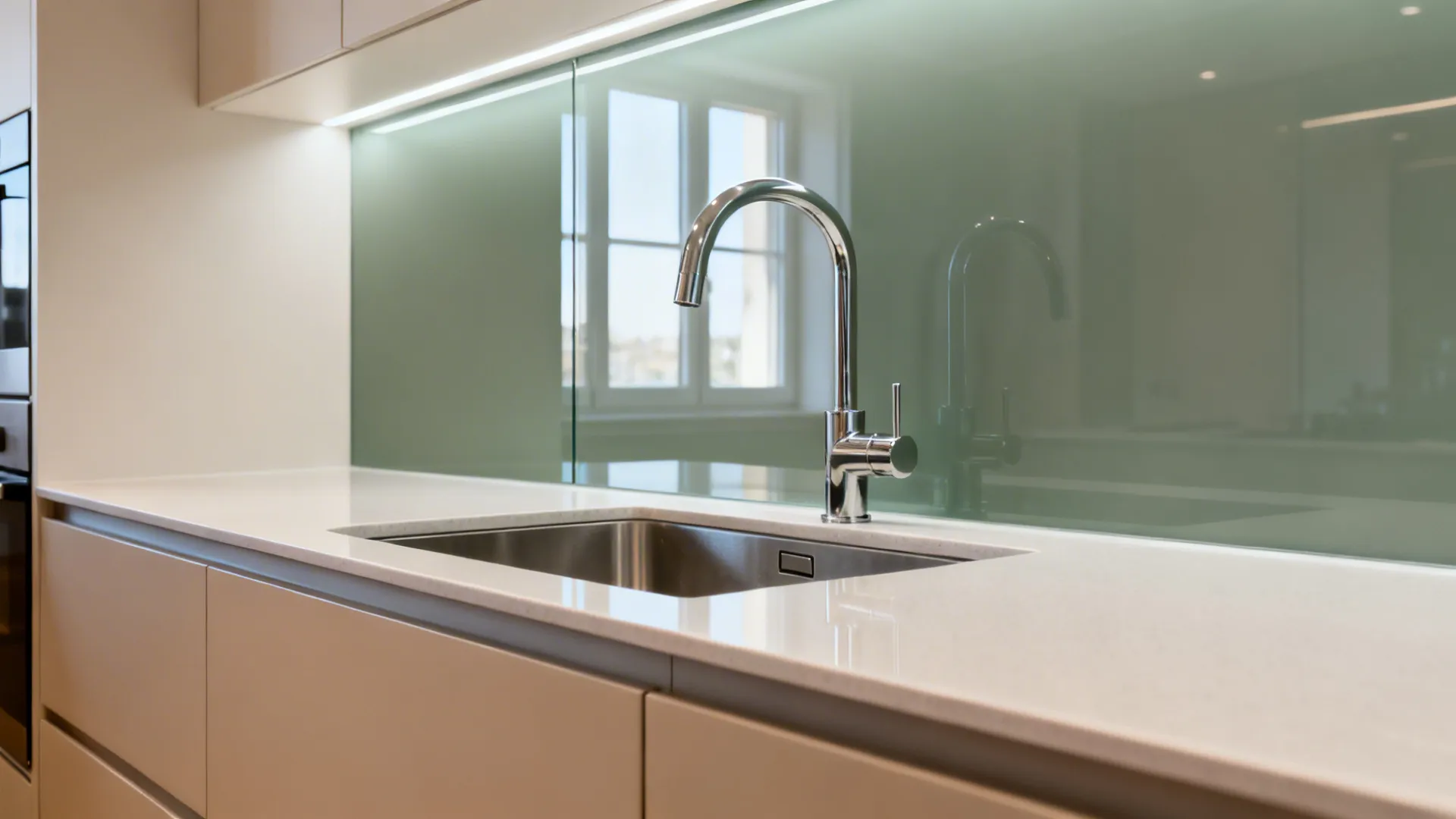 Small kitchen with a low-iron glass backsplash and an undermount sink under a slim quartz counter.