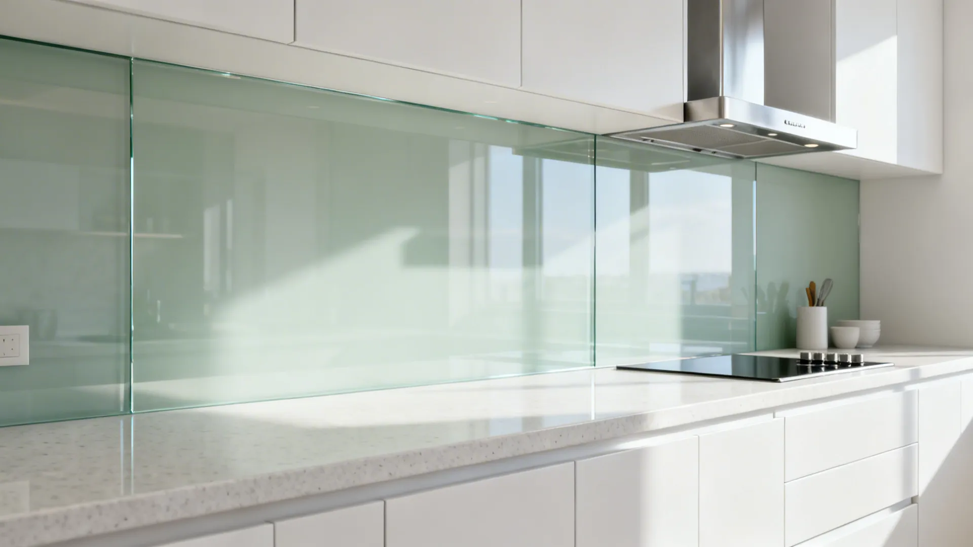Low-iron glass backsplash in a small galley kitchen reflecting natural light.