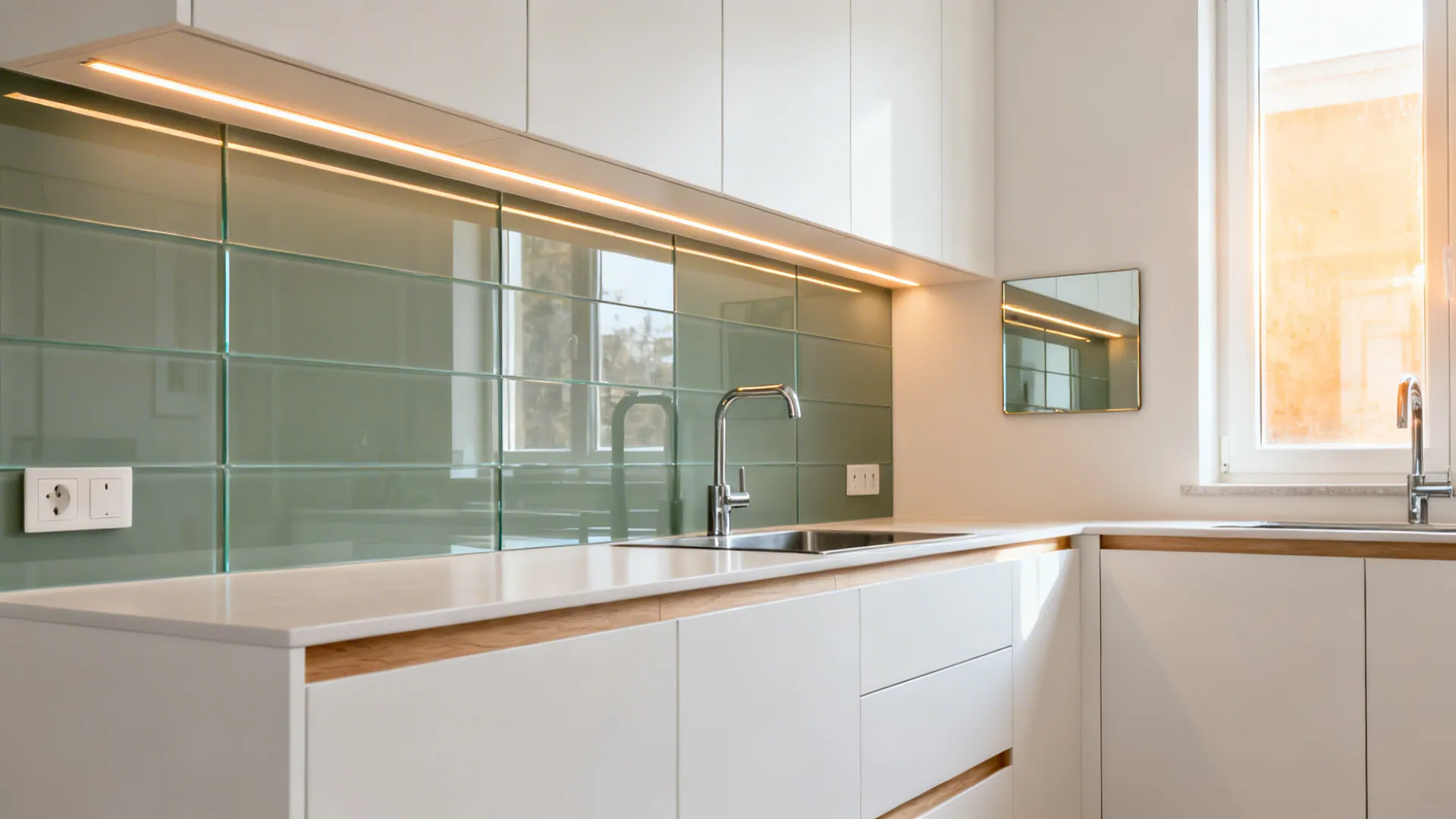 Modern white kitchen cabinets with green glass wall tiles, under cabinet lighting, and steel sink