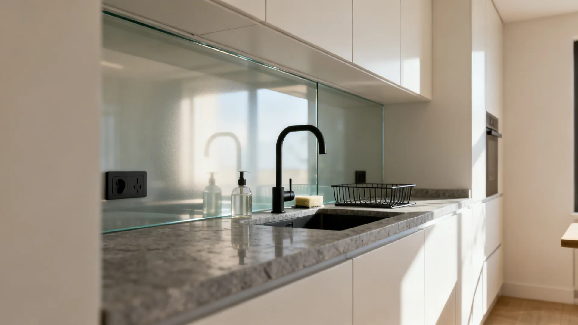 Compact sink with a seamless tempered glass backsplash reflecting soft light in a small kitchen.
