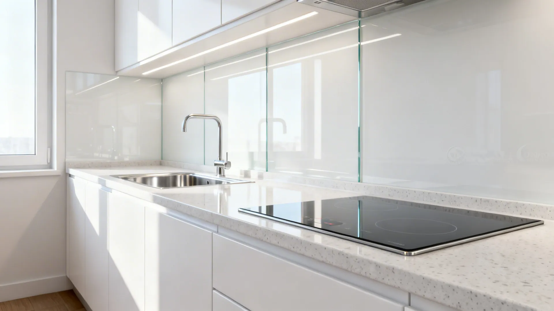 White back-painted glass backsplash brightens a small galley kitchen.