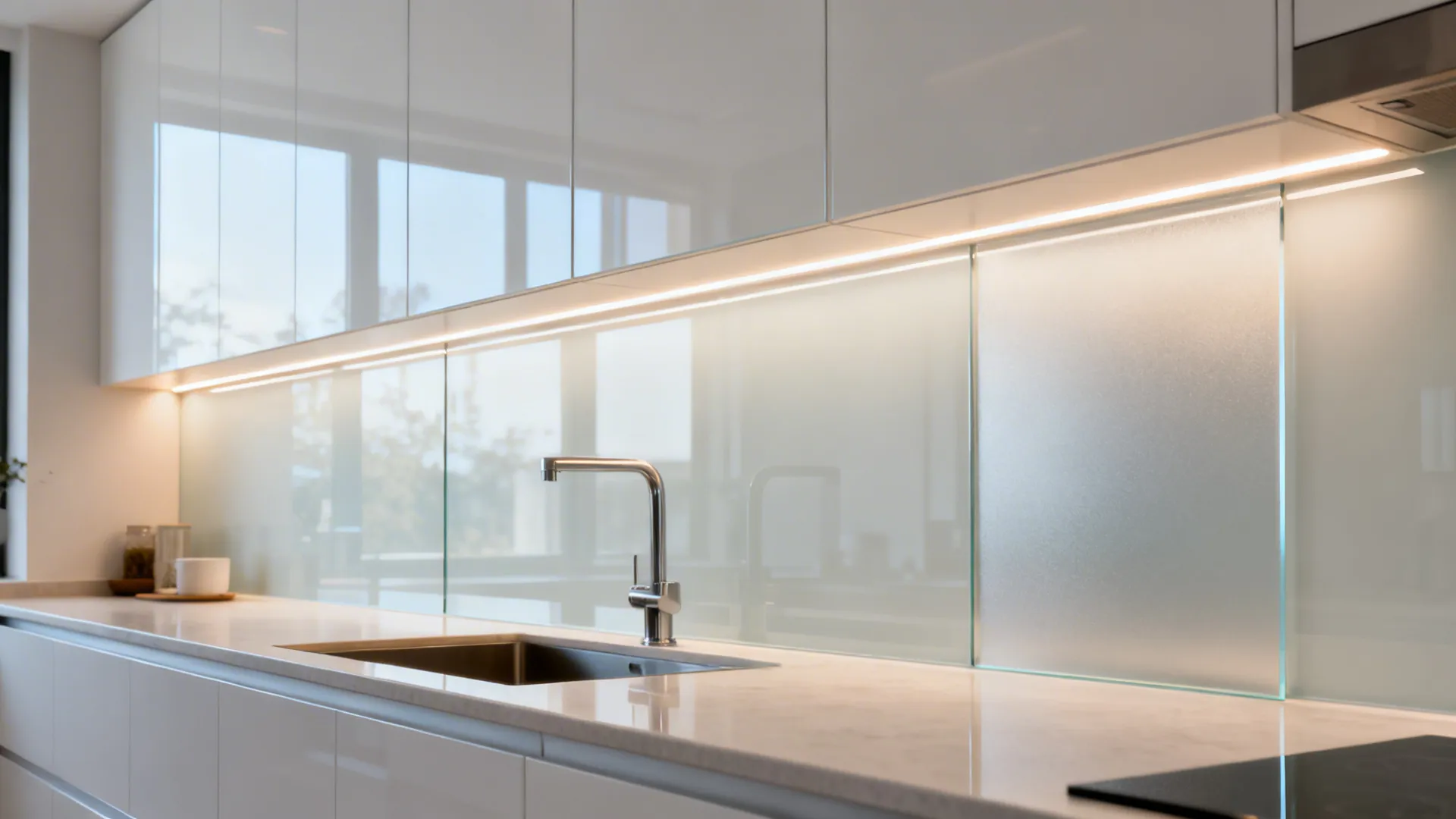 Glass backsplash for light and depth