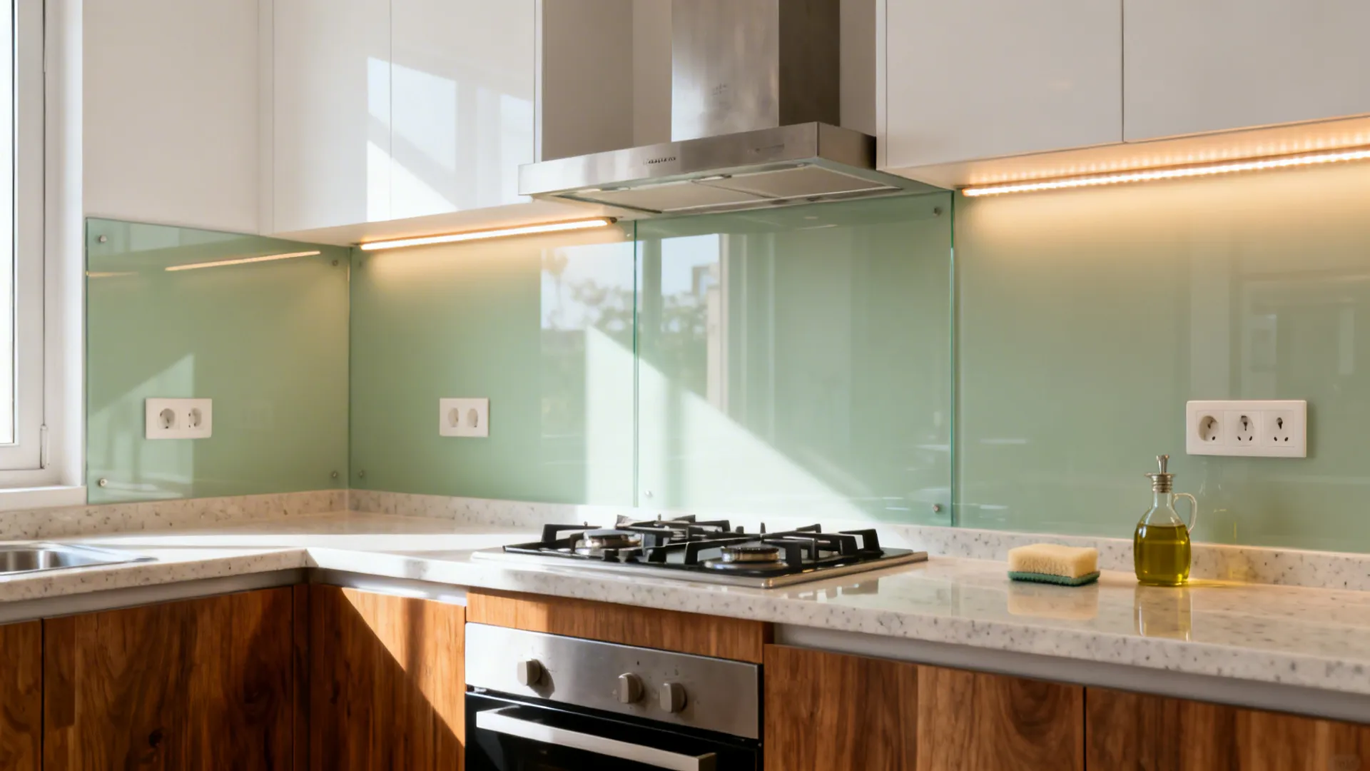 2) Glass Backsplash for Light and Easy Cleaning