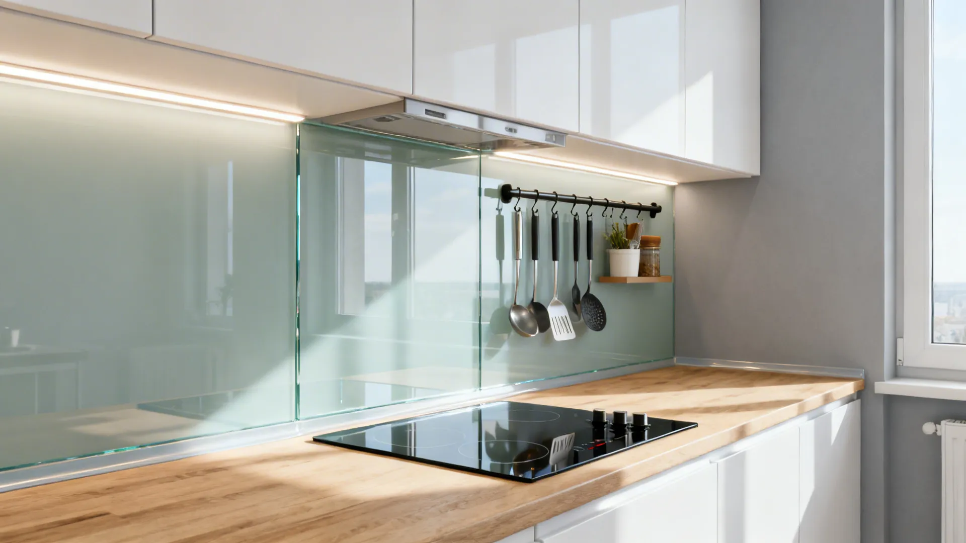 Glass backsplash for borrowed depth