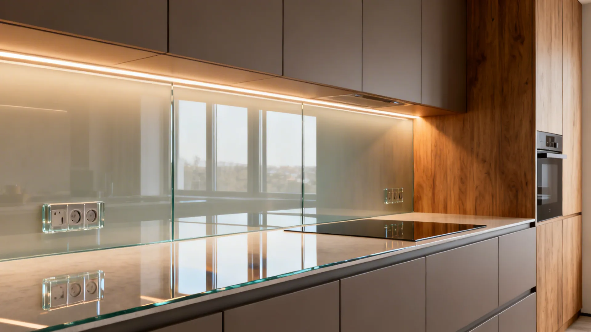 Low-iron tempered glass backsplash with warm LED lighting that brightens a compact kitchen.