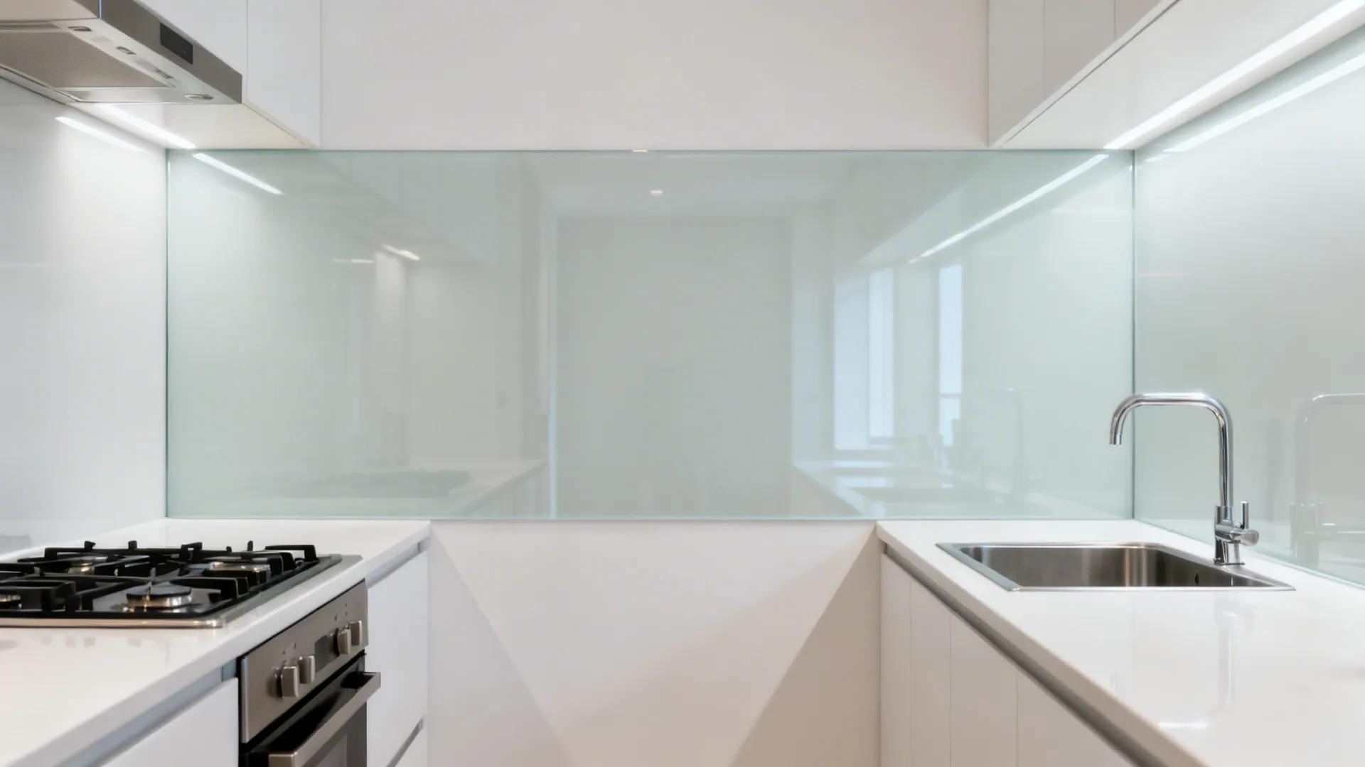 Full-height low-iron back-painted glass backsplash reflecting light in a narrow kitchen.