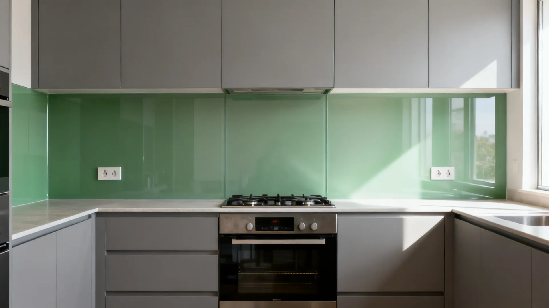 Compact galley kitchen with soft gray back-painted glass backsplash reflecting daylight.