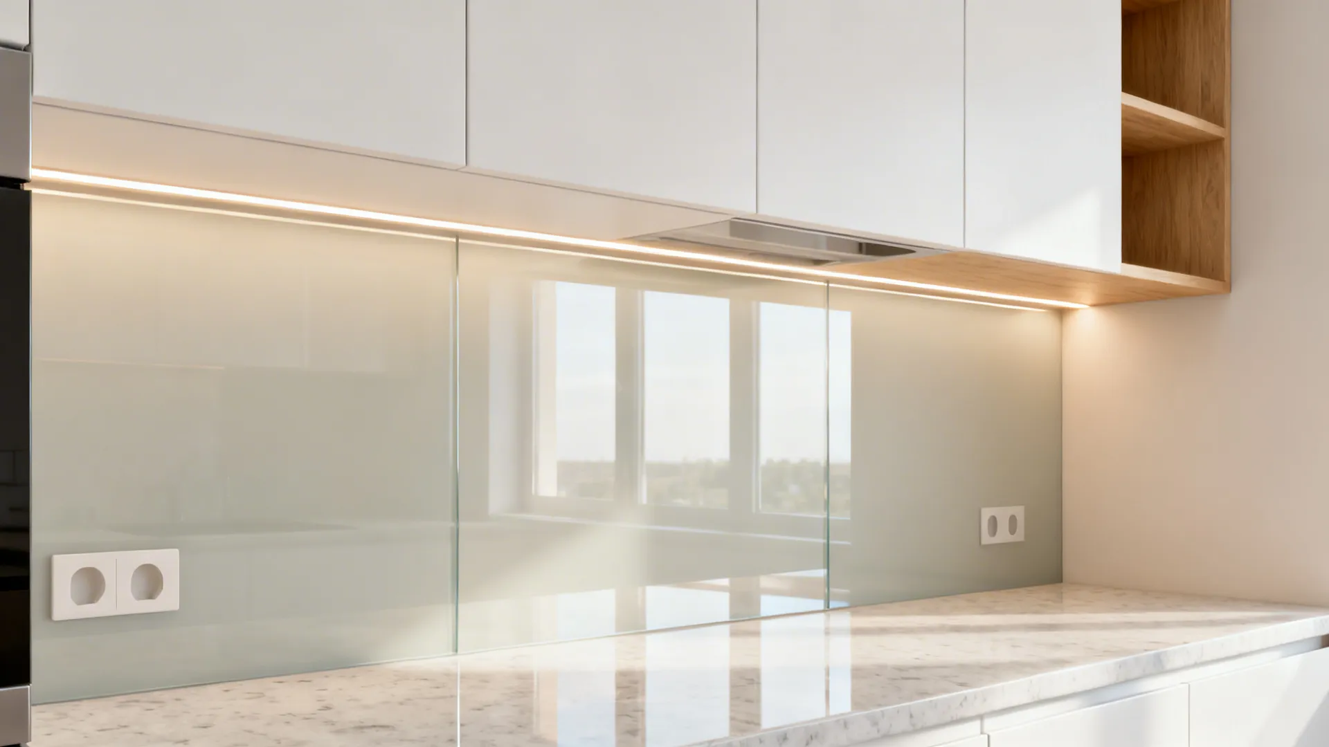 Satin back-painted glass backsplash reflecting warm undercabinet lighting in a bright small kitchen.