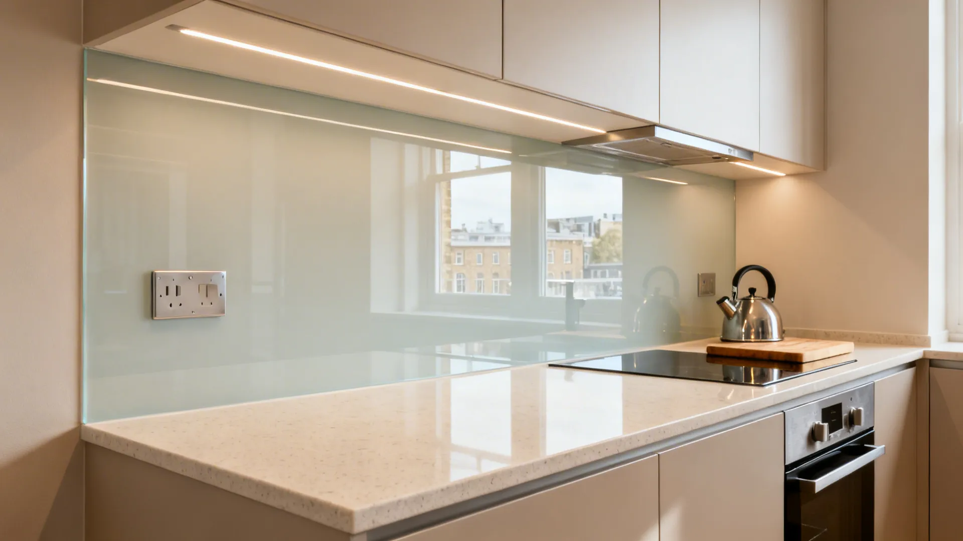 Narrow galley kitchen with a seamless matte back-painted glass backsplash that brightens the space.