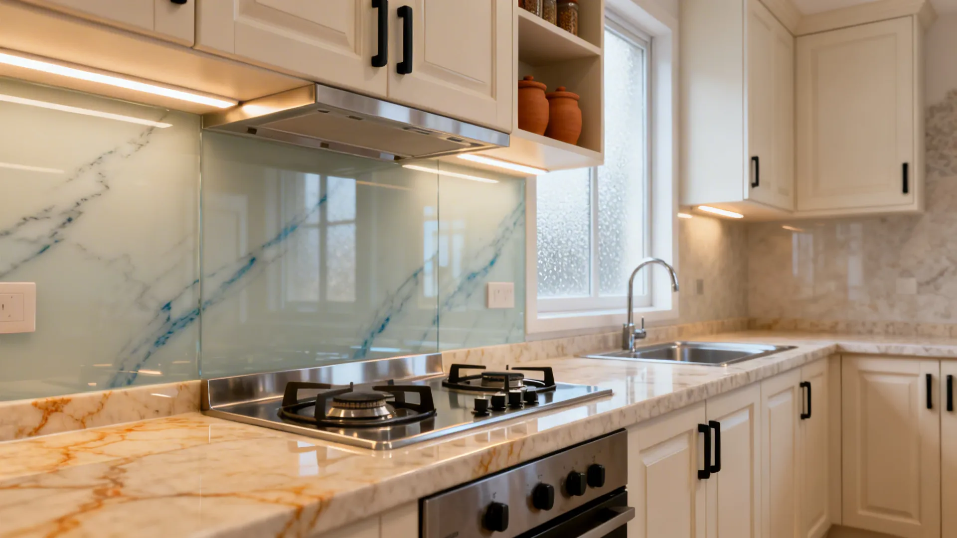 Glass backsplash for light and depth