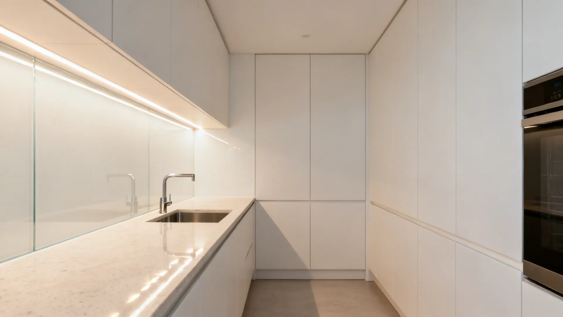 Modern white kitchen with a glass wall panel integrated light fixture sink and tall cabinets