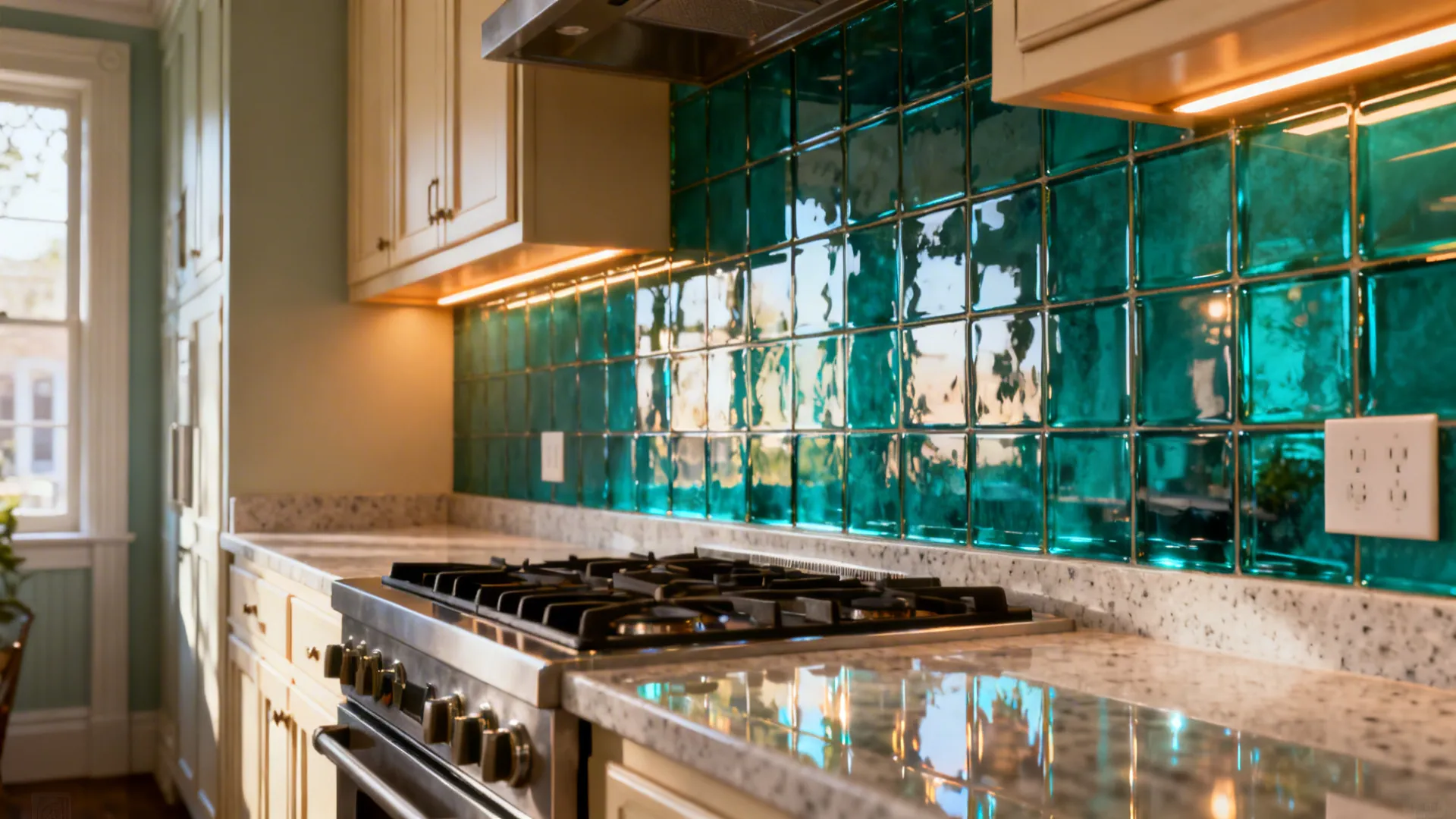 Glossy teal glass backsplash and quartz counters reflect light in a compact New Orleans kitchen.