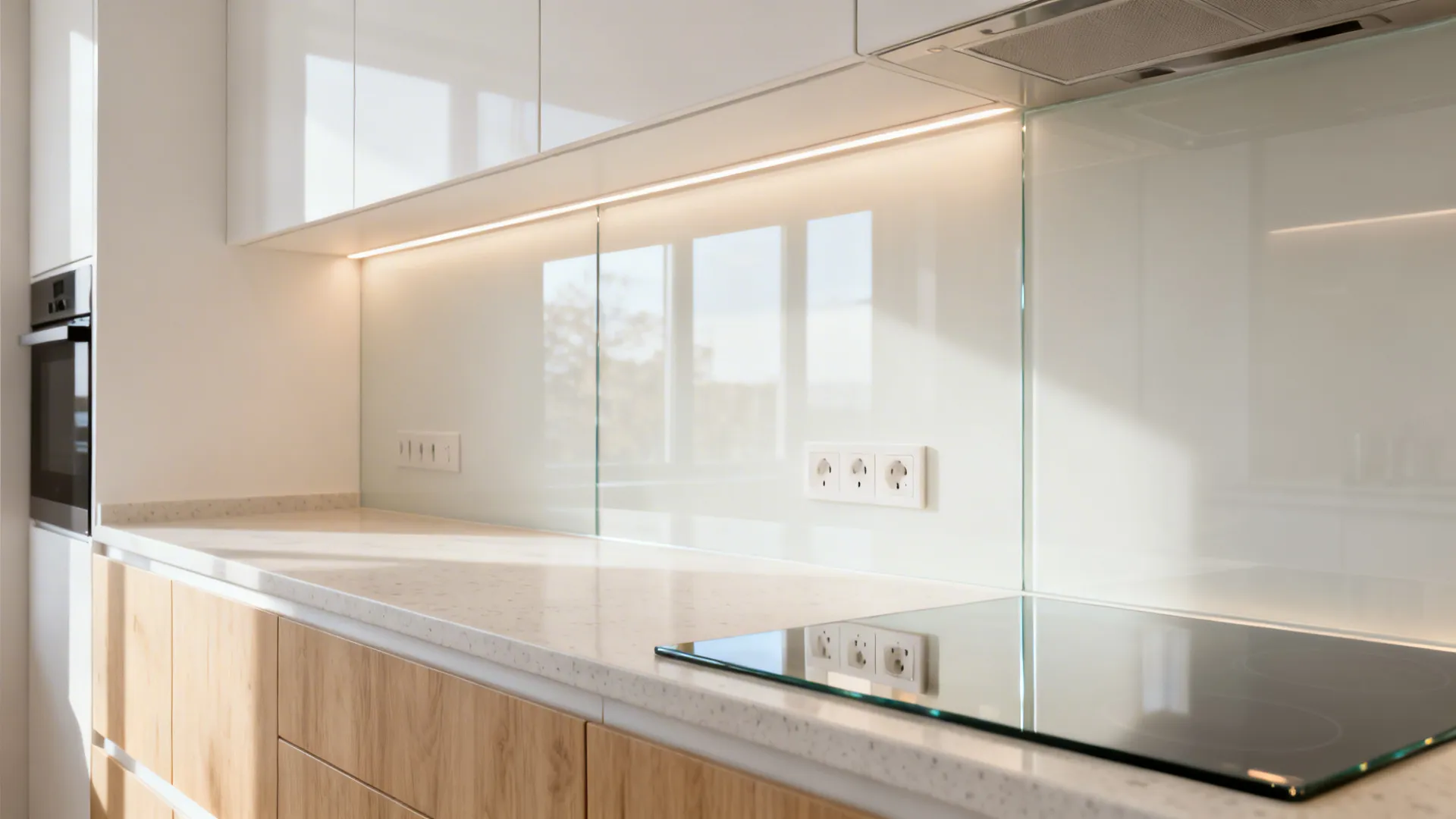 Small kitchen with a seamless warm white glass backsplash that reflects light.