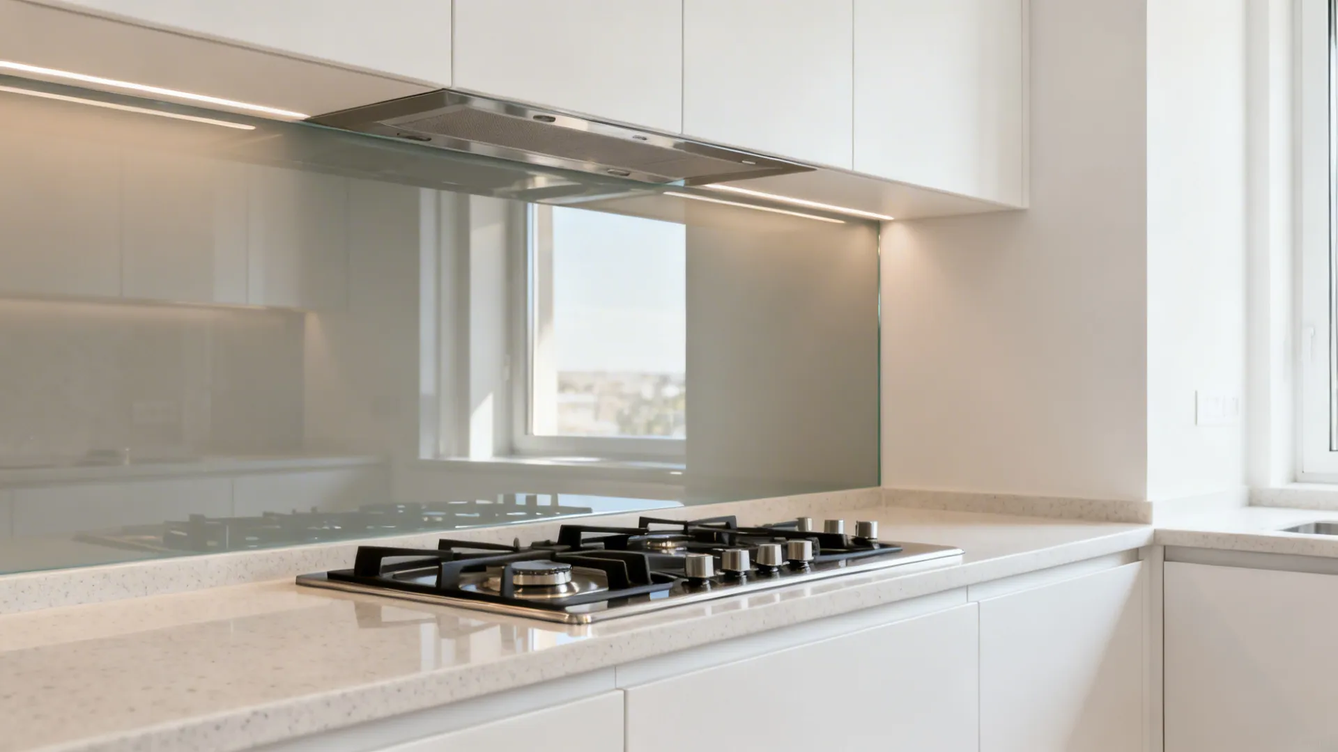 Back-painted low-iron glass backsplash in warm gray reflecting daylight in a compact kitchen.
