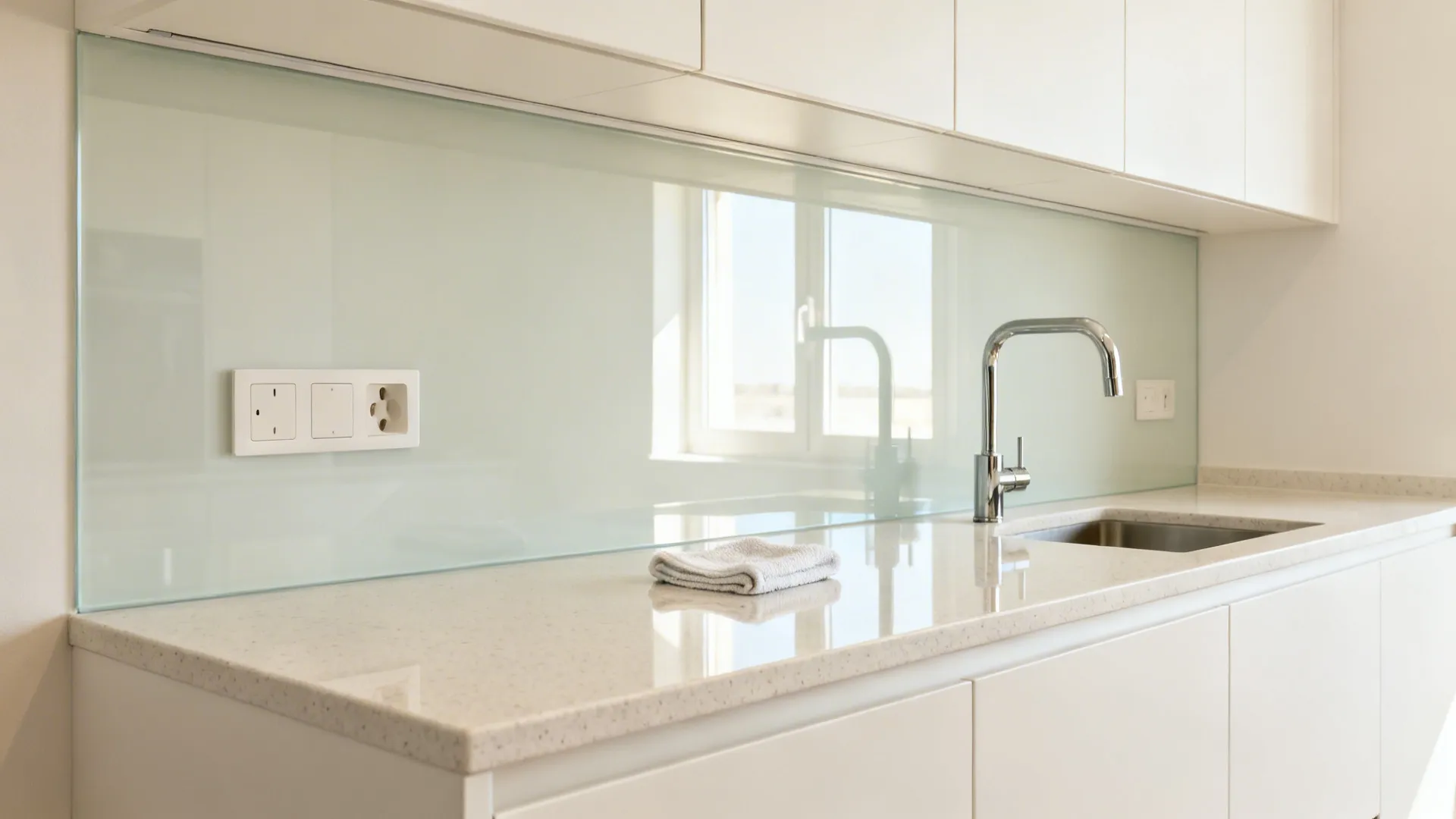 Small kitchen with seamless tempered glass backsplash reflecting soft daylight.