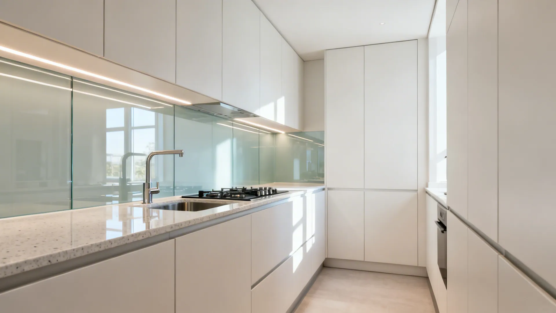 Small galley kitchen with low-iron glass backsplash reflecting soft daylight between light cabinets.