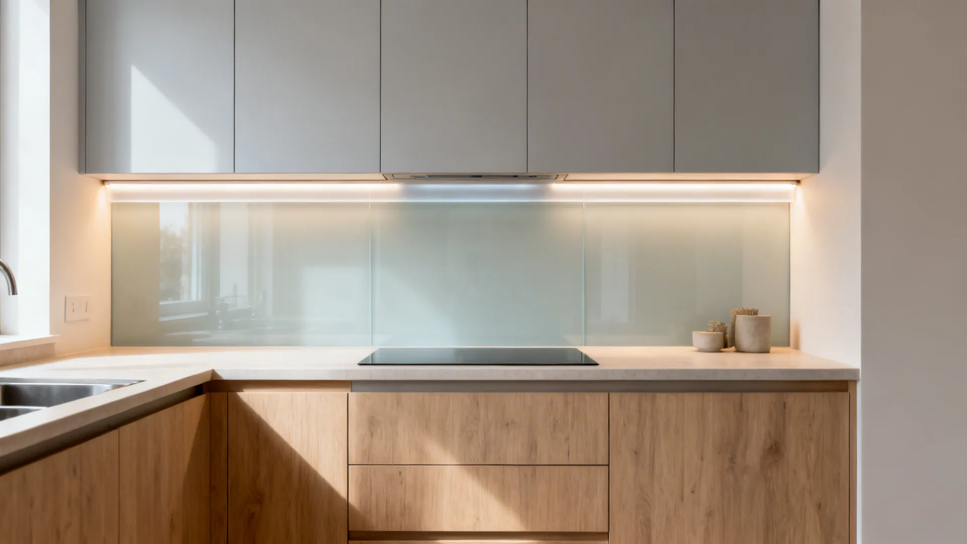 Seamless low-iron glass backsplash with even under-cabinet LED lighting in a light wood and gray kitchen.