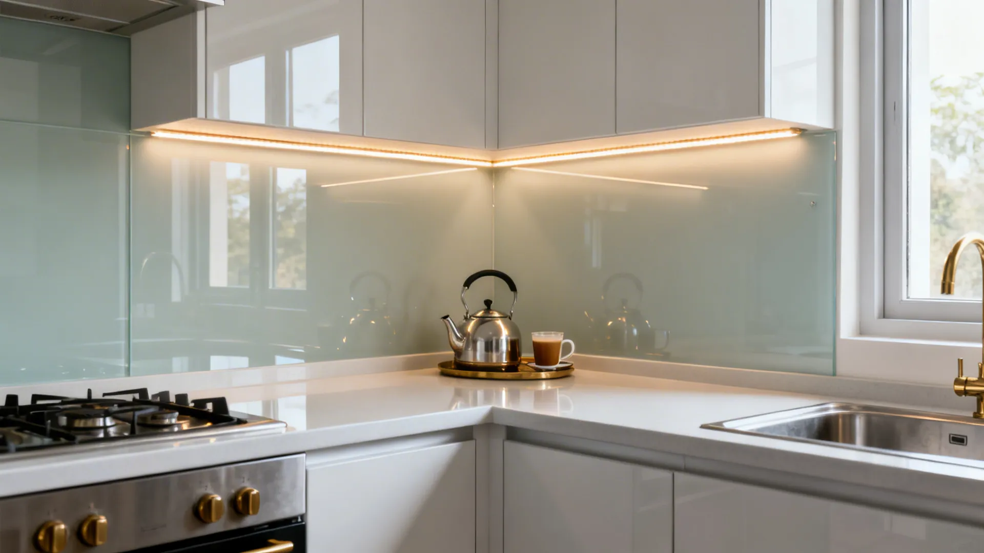 White modern kitchen with light green glass wall under cabinet lighting and a stainless steel kettle