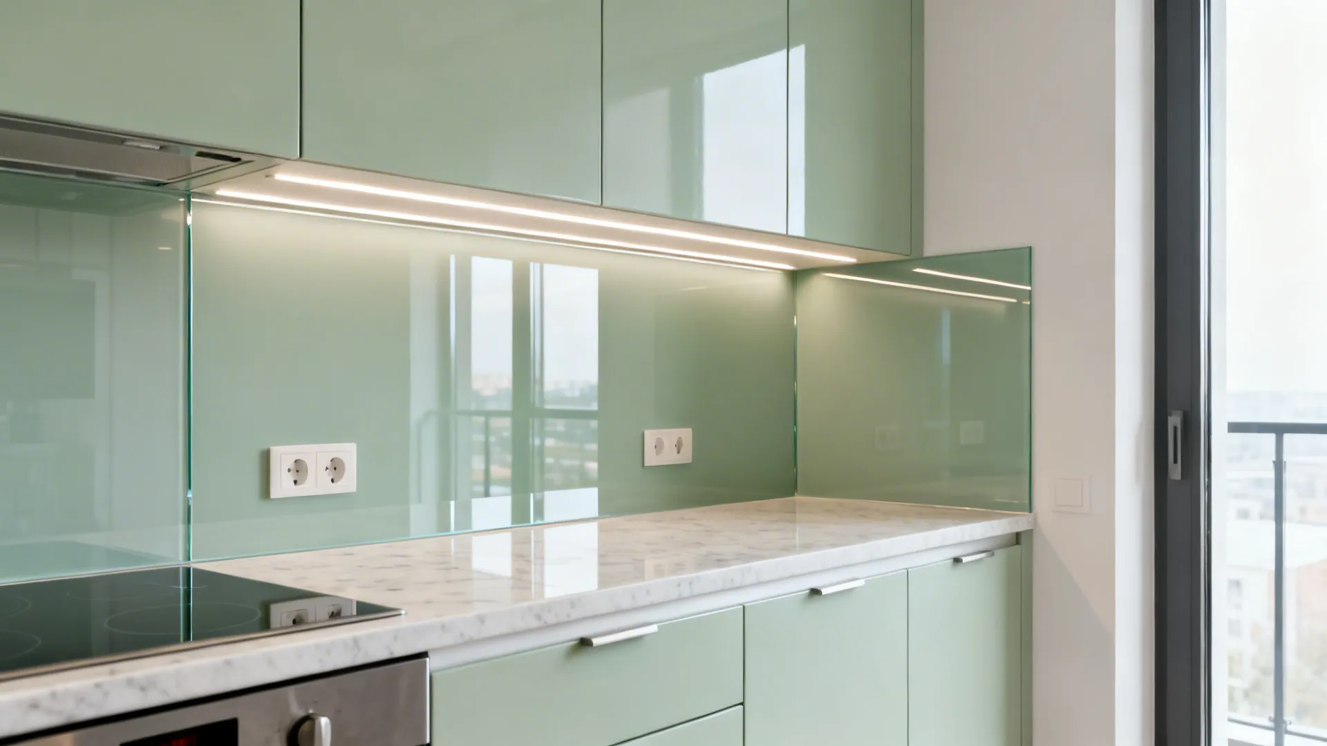 Compact kitchen with pale sage back-painted glass backsplash and slim LEDs.