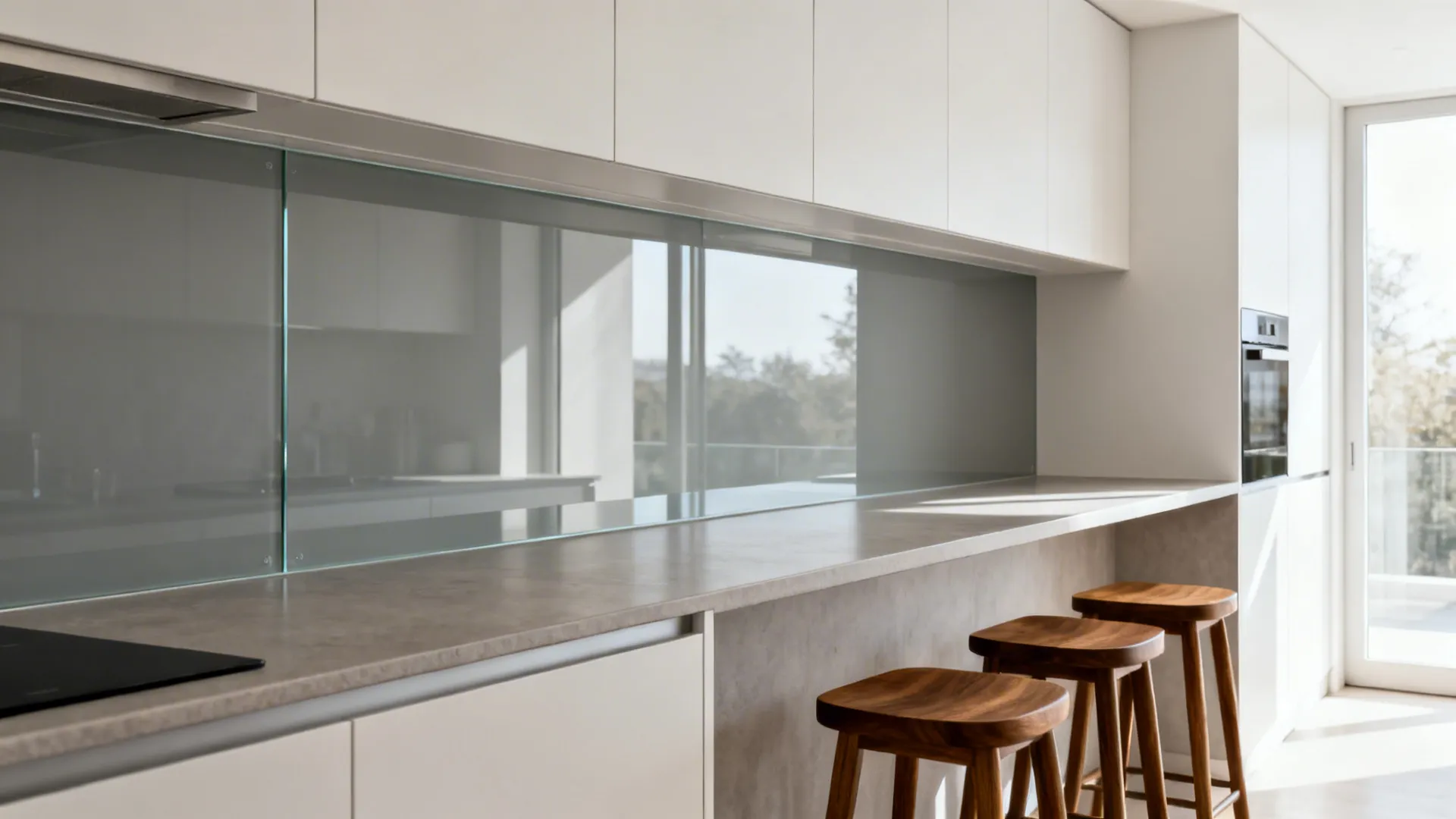Breakfast counter with fog-gray back-painted glass backsplash reflecting daylight.