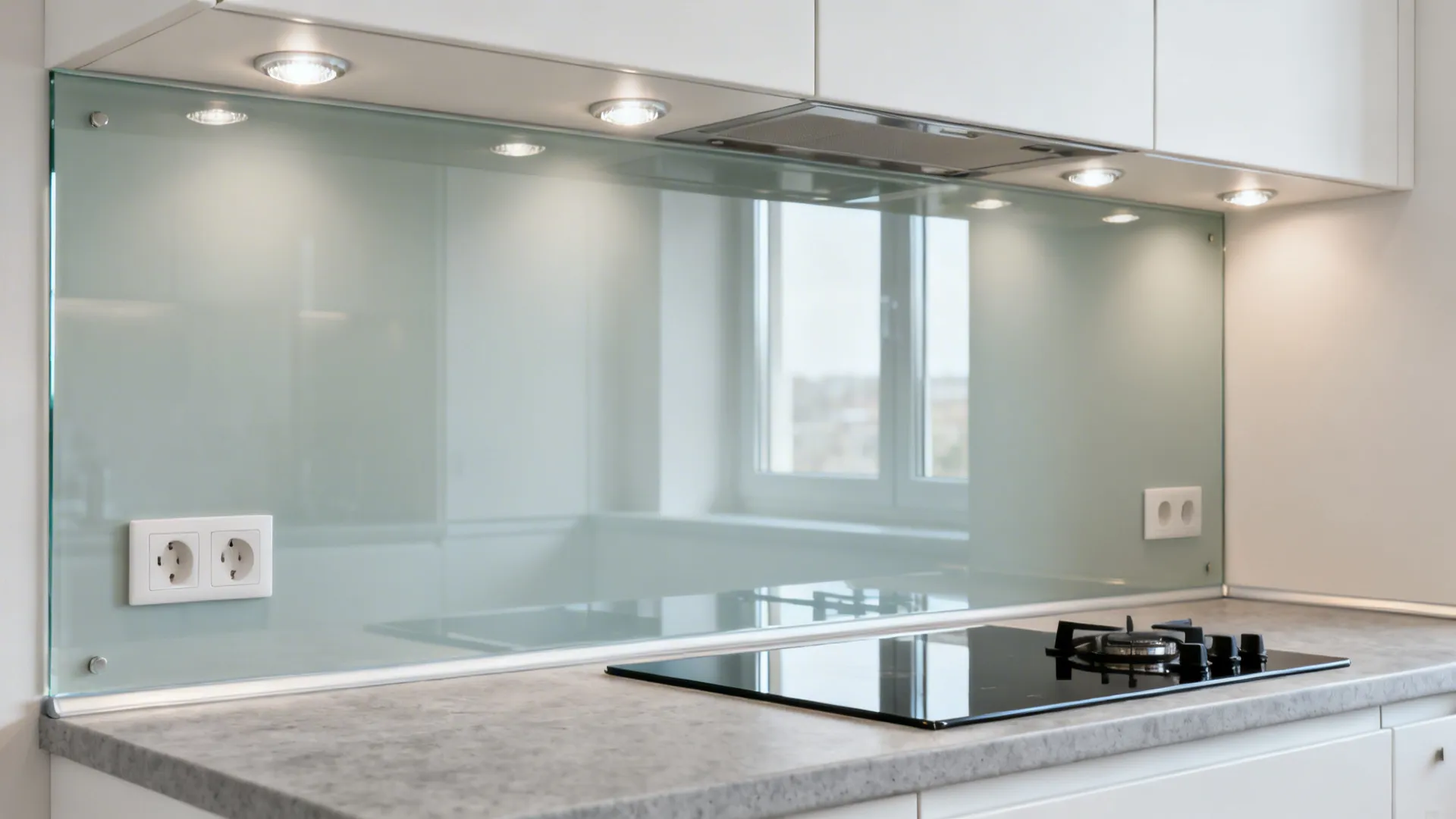 Compact kitchen with a single-piece tempered glass backsplash reflecting soft under-cabinet light.