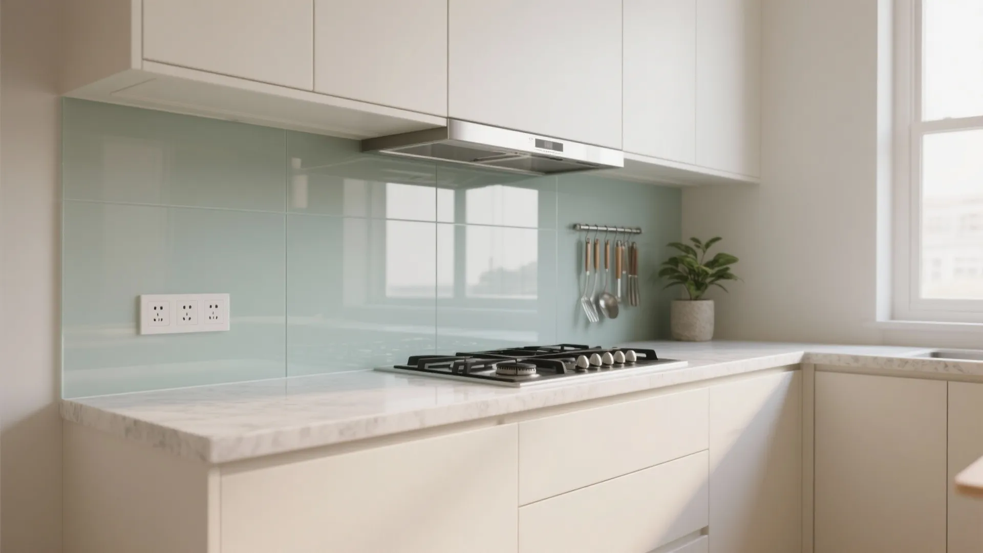 Glass backsplash for light and depth