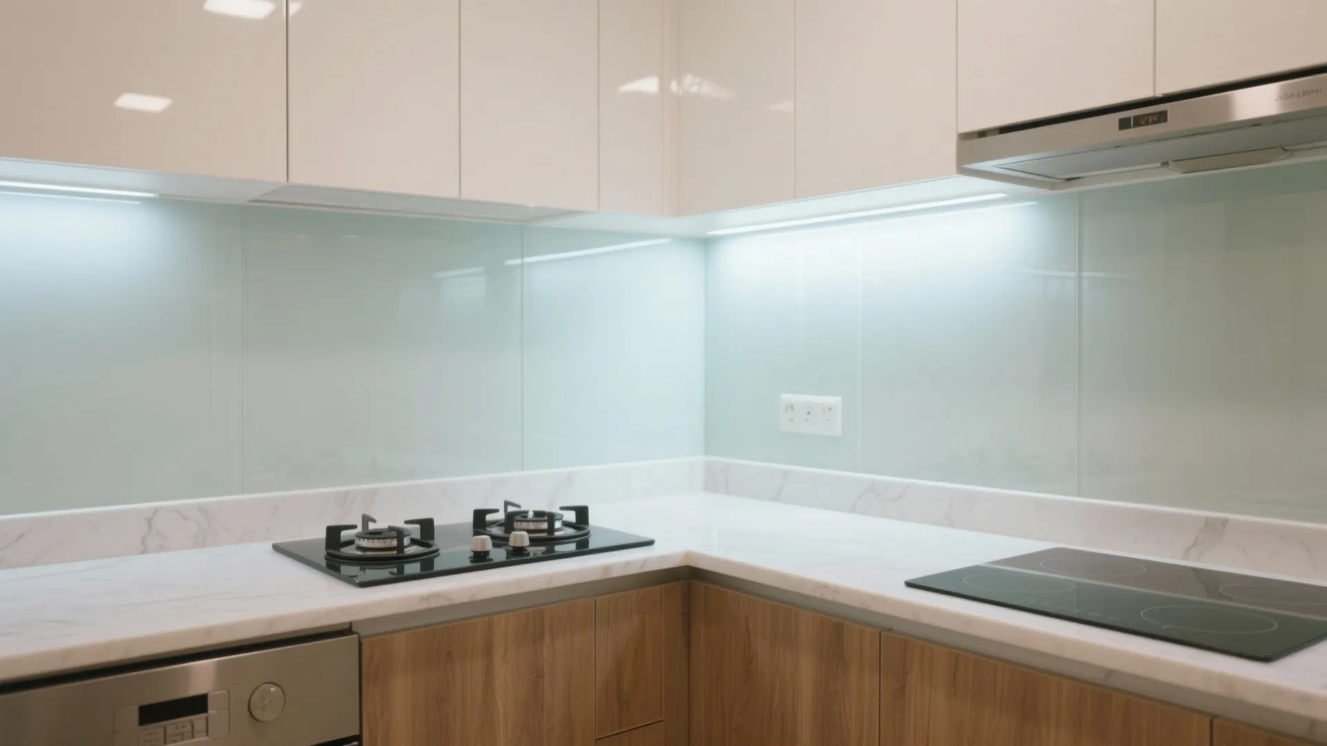 Glass backsplash for light and easy cleaning