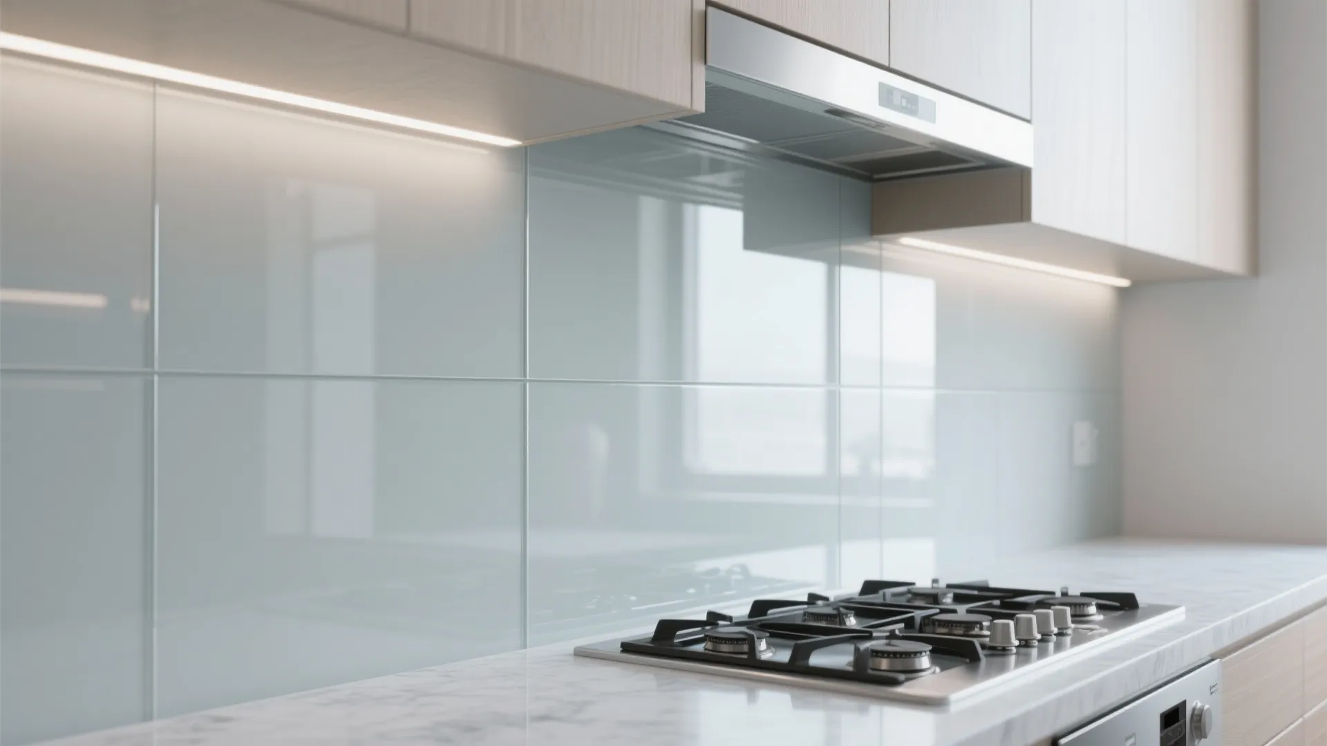 Modern kitchen with blue glass wall behind gas stove and marble countertop with light fixture