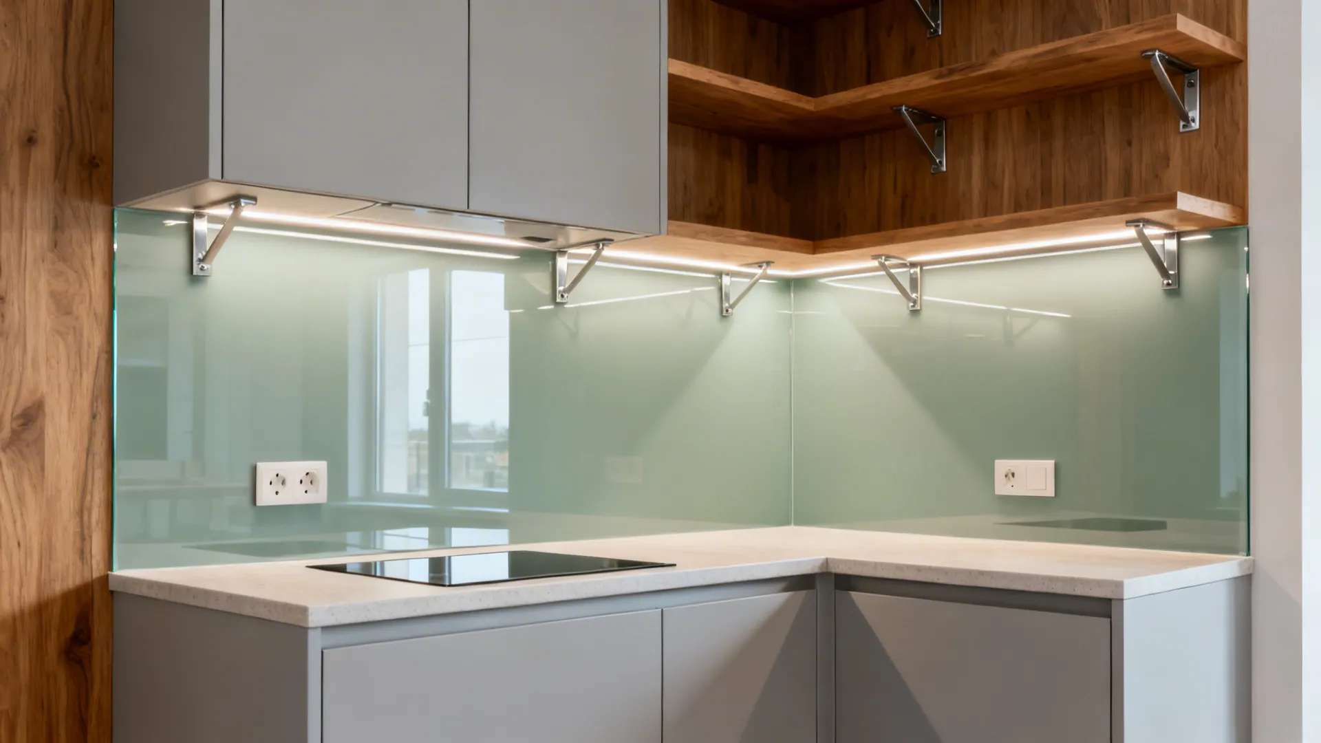 Compact kitchen with low-iron glass backsplash reflecting LED task lighting and oak shelves.