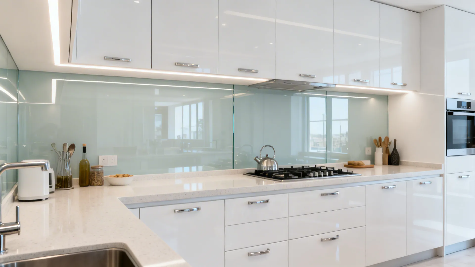 White modern kitchen with light blue glass wall panel glossy white cabinets and gas stove