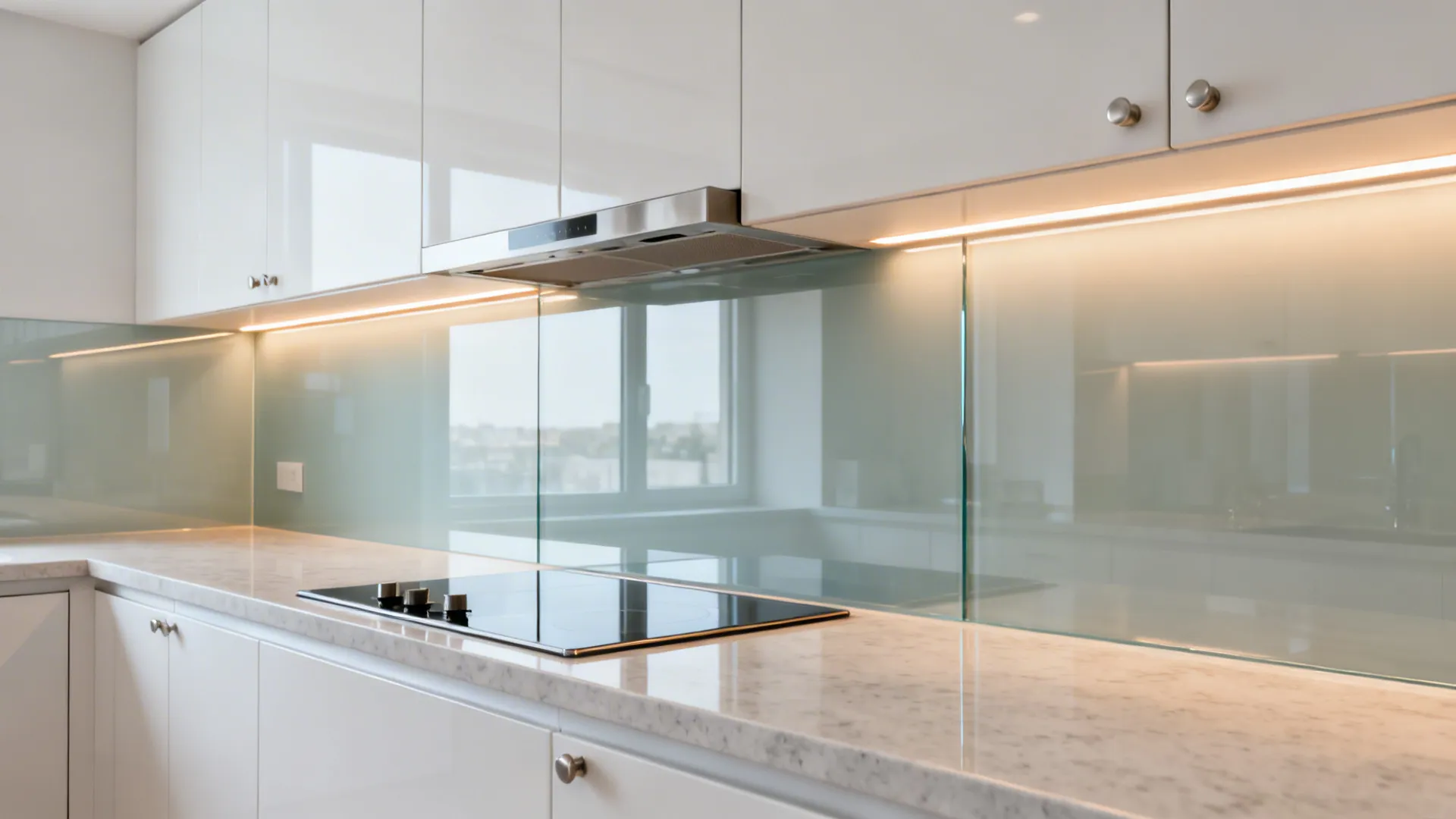 Back-painted glass backsplash in a 6x6 kitchen with warm under-cabinet LED lighting.