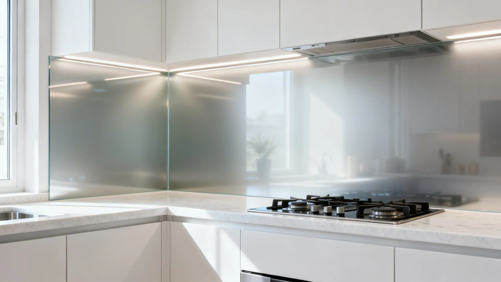 Seamless satin low-iron glass backsplash reflecting soft light in a compact kitchen.