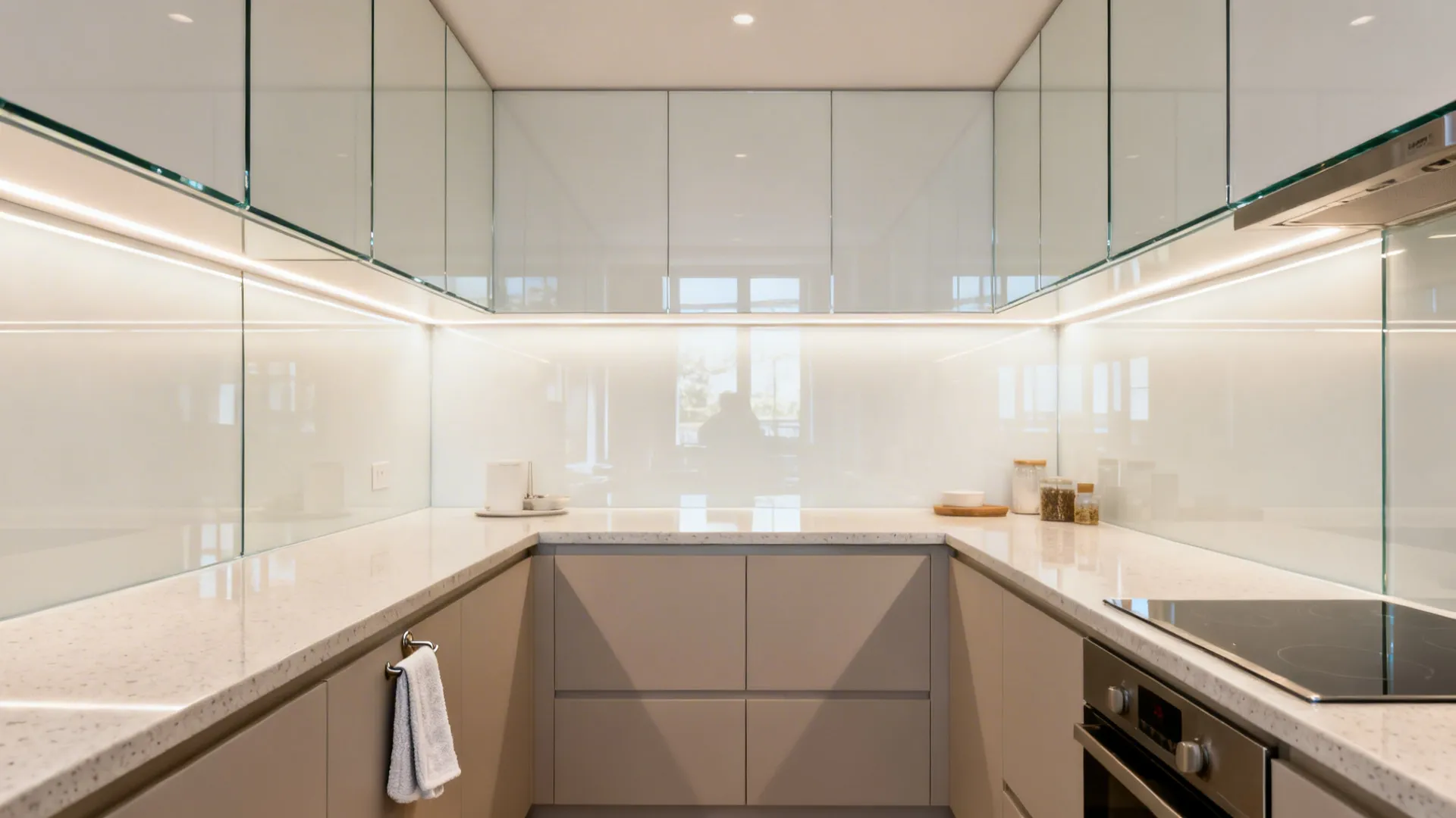 Seamless low-iron glass backsplash in a compact 8 x 7 kitchen reflecting soft task lighting.