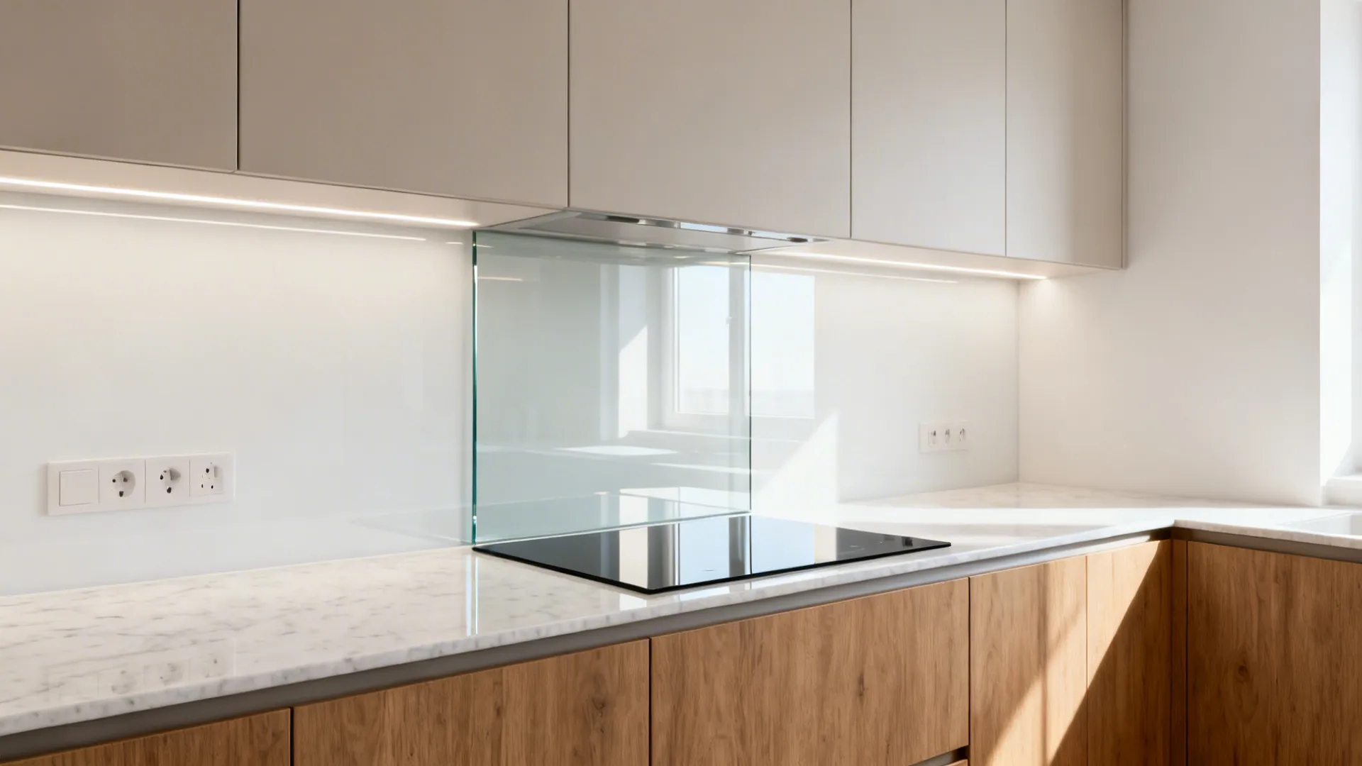 8x8 kitchen with a seamless low-iron glass backsplash reflecting soft daylight.