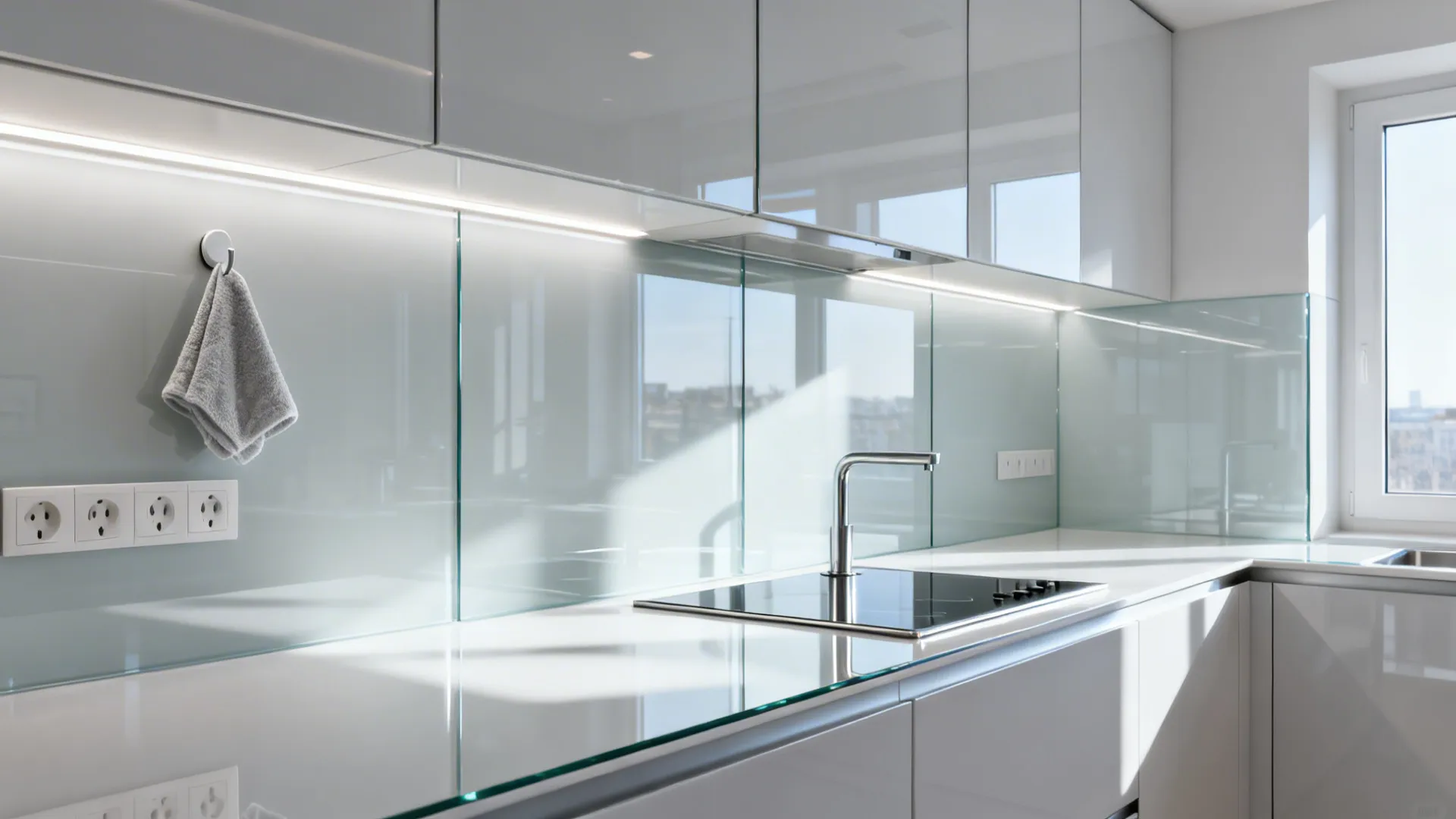 Glassy backsplash and gloss cabinets reflecting light in a compact 8x8 kitchen with LED task lighting.