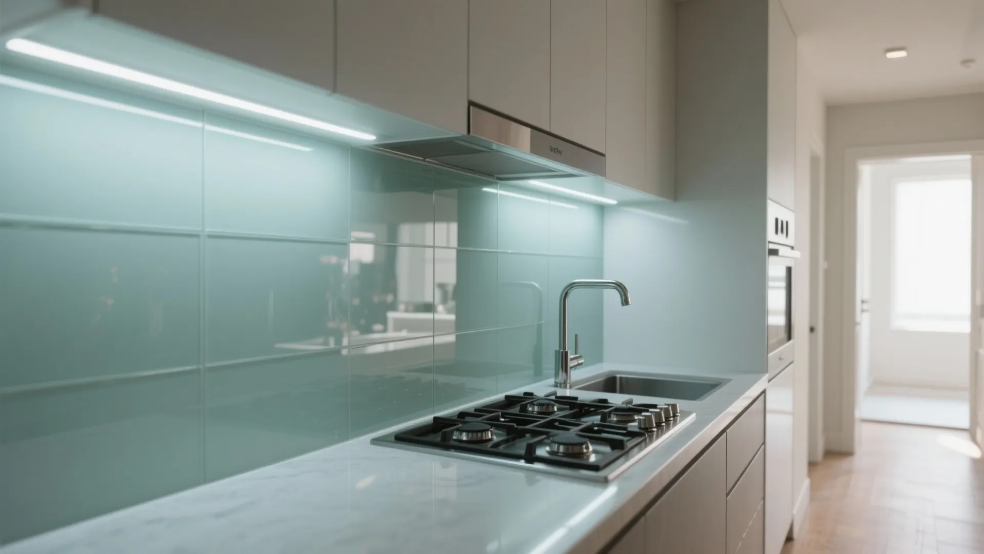 Glass backsplash and reflective touches for airy openness
