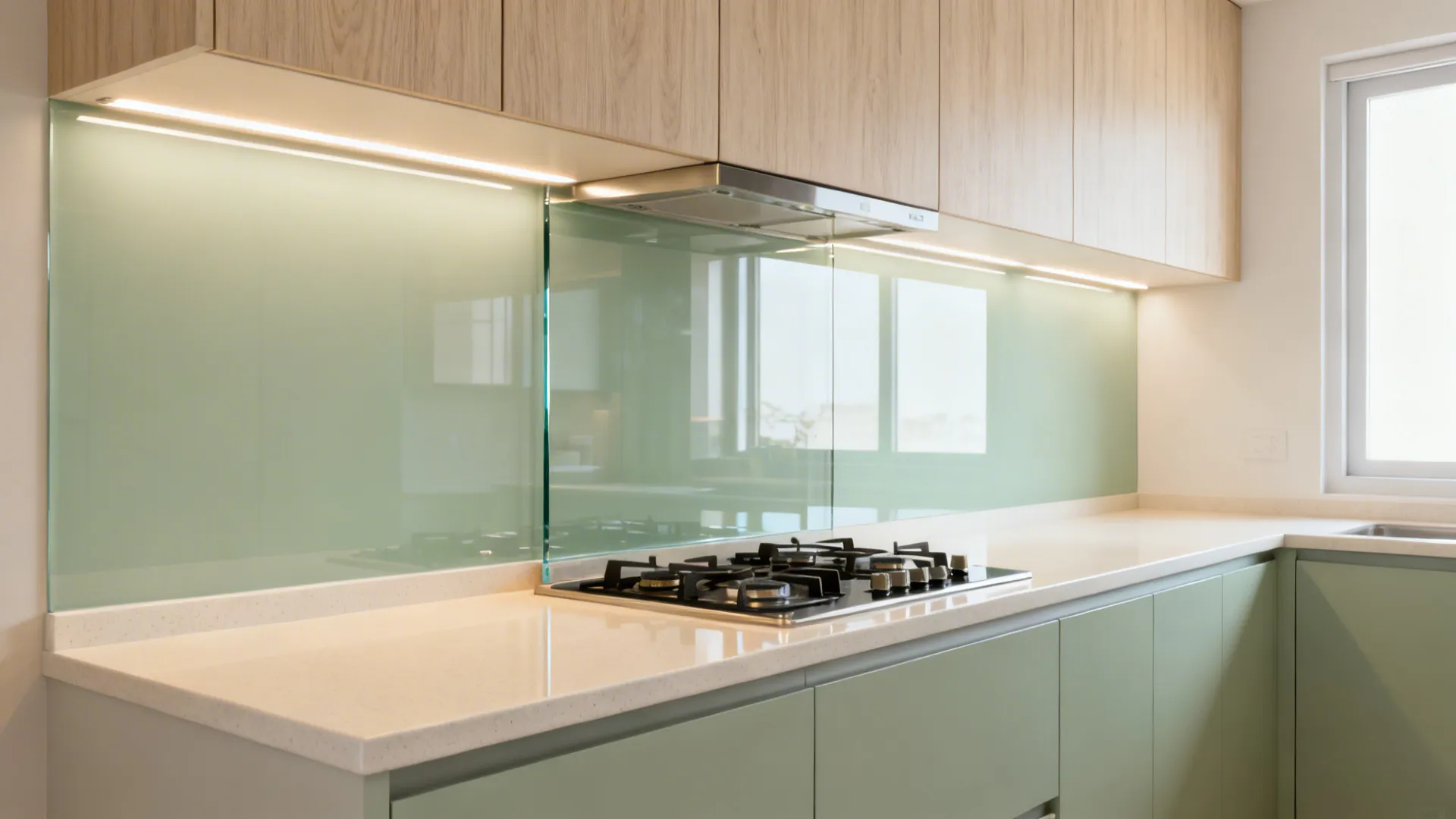 Modern kitchen design with light wood cabinets green drawers glass wall panels and white stone countertop