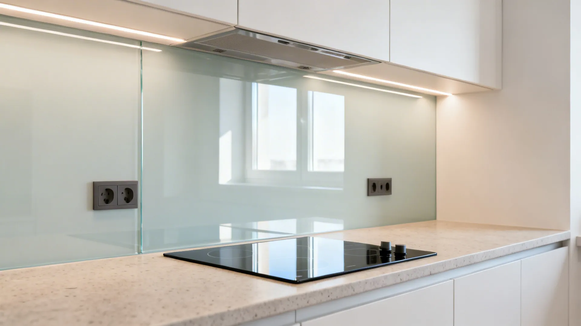 Small kitchen with pale back-painted glass backsplash reflecting soft LED lighting.