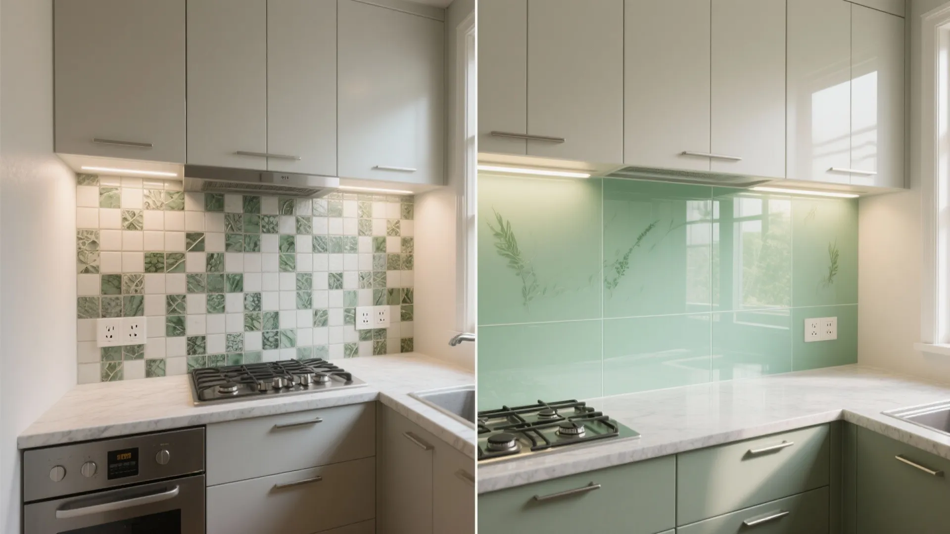 Before and after comparison showing green square tiles versus a smooth light green glass wall